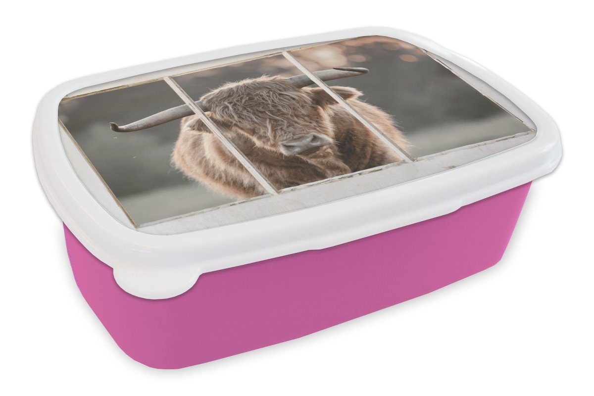 MuchoWow Lunchbox Scottish Highlander - Ansicht - Hörner, Kunststoff, (2-tlg), Brotbox für Erwachsene, Brotdose Kinder, Snackbox, Mädchen, Kunststoff rosa