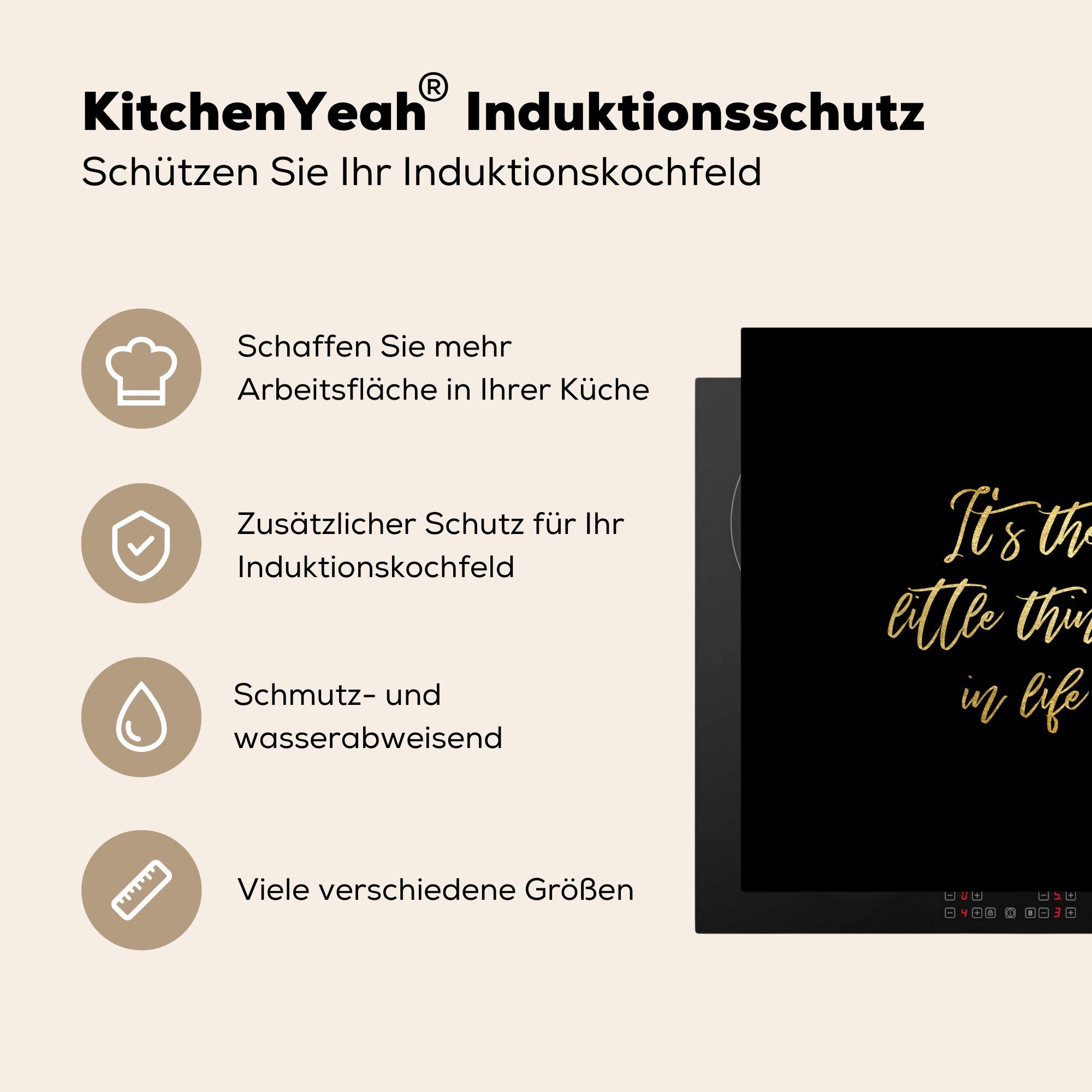 Gold, - und cm, Schwarz für Ceranfeldabdeckung, Vinyl, MuchoWow Arbeitsplatte tlg), - Zitat (1 Herdblende-/Abdeckplatte Leben 78x78 küche