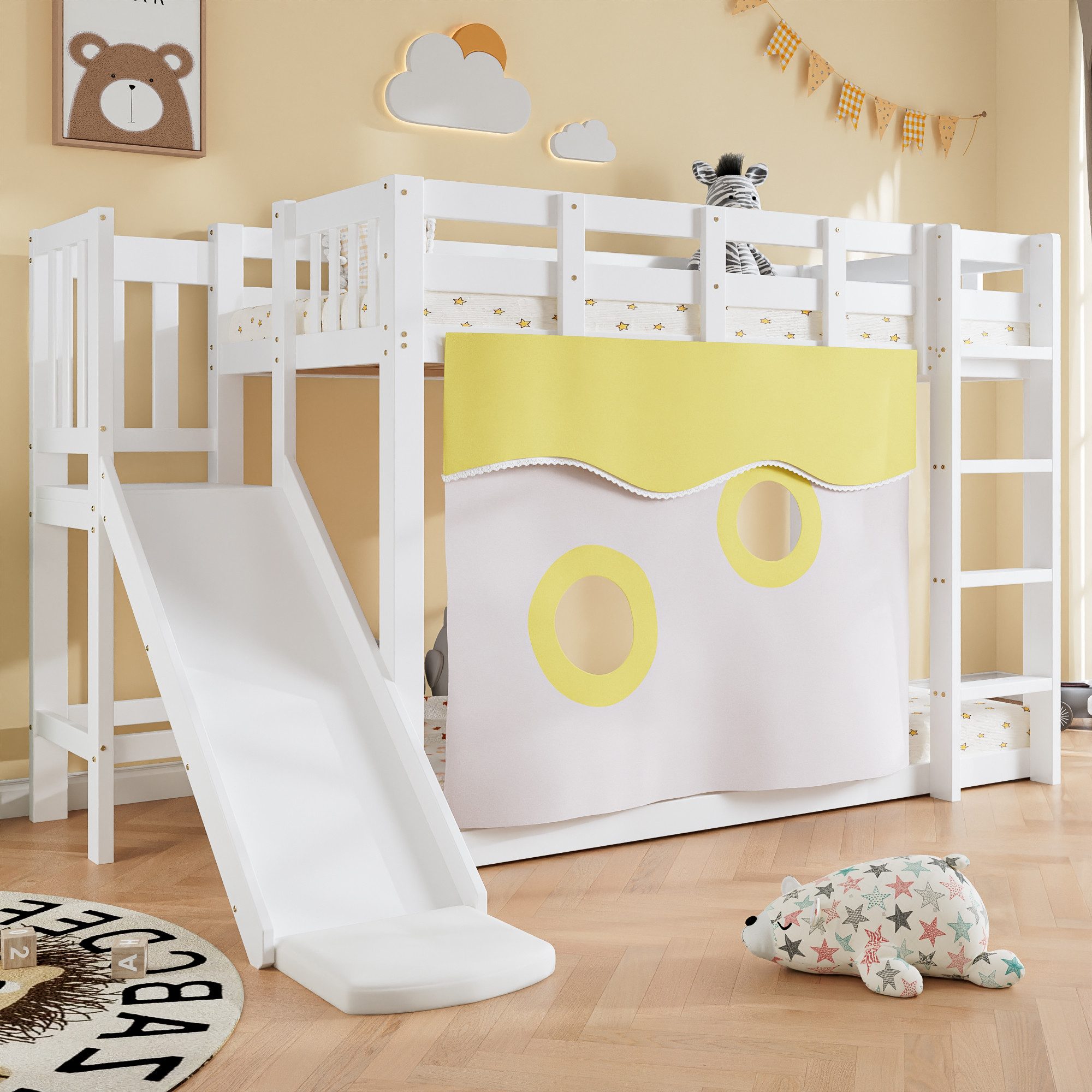 Merax Etagenbett 90x200cm mit Bettvorhängen (Jugendbett Doppelbett, 1-St), Kinderbett mit Rutsche, Leiter & Schutzgittern, Stockbett, Kiefernholz