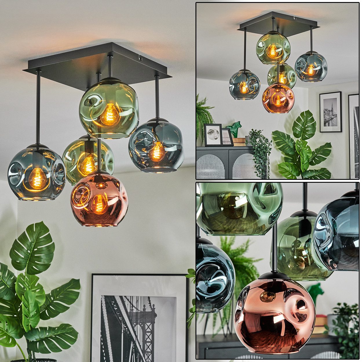 hofstein Deckenleuchte Deckenlampe aus Metall/Glas in Schwarz/Blau/Grün/Kupferfarben, Deckenleuchte im Retro/Vintage-Design (Schirm Ø 15 cm), 5 x E14