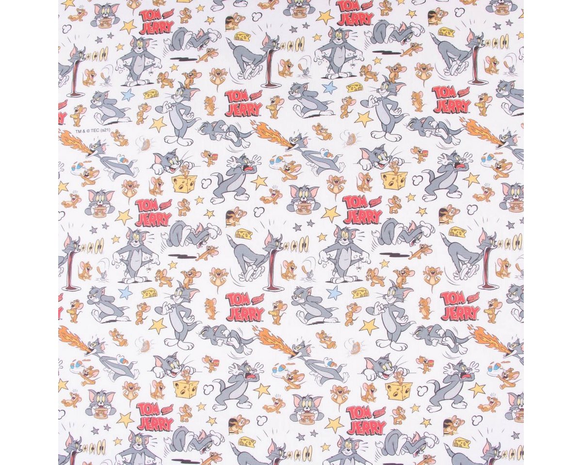 Thumbnail - SCHÖNER LEBEN. Stoff Baumwollstoff Popeline Digitaldr. Tom und Jerry Schriftzug weiß rot gr, allergikergeeignet
