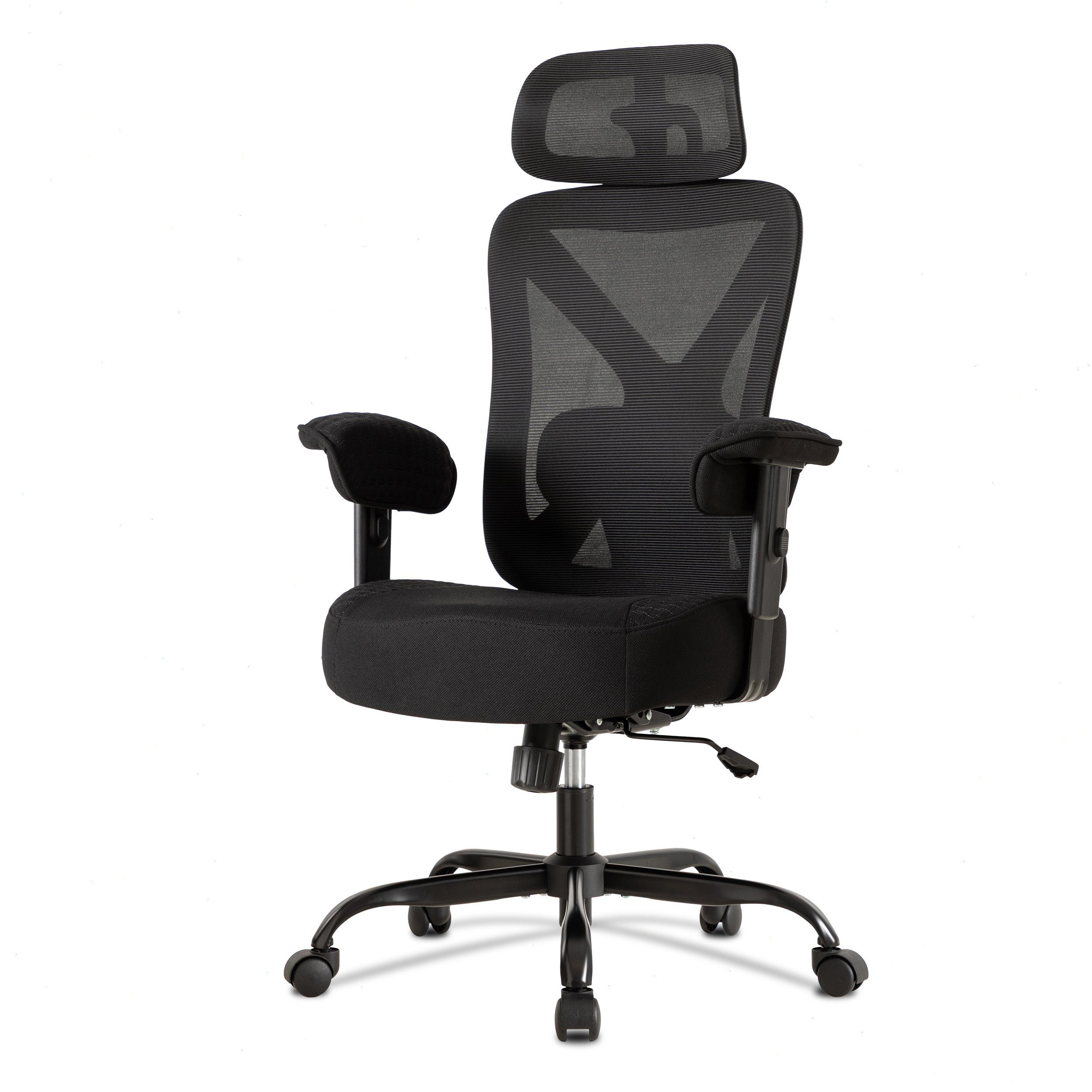 UEV Bürostuhl Ergonomisch bis 220KG Gaming Stuhl Wippfunktion (Schreibstuhl mit Armlehnen und Kopistütze, höhenverstellbarer Arbeitsstuhl, Drehstuhl mit Netzbespannung), verdicke Sitzkissen, Höhenverstellbar, 360°Drehung