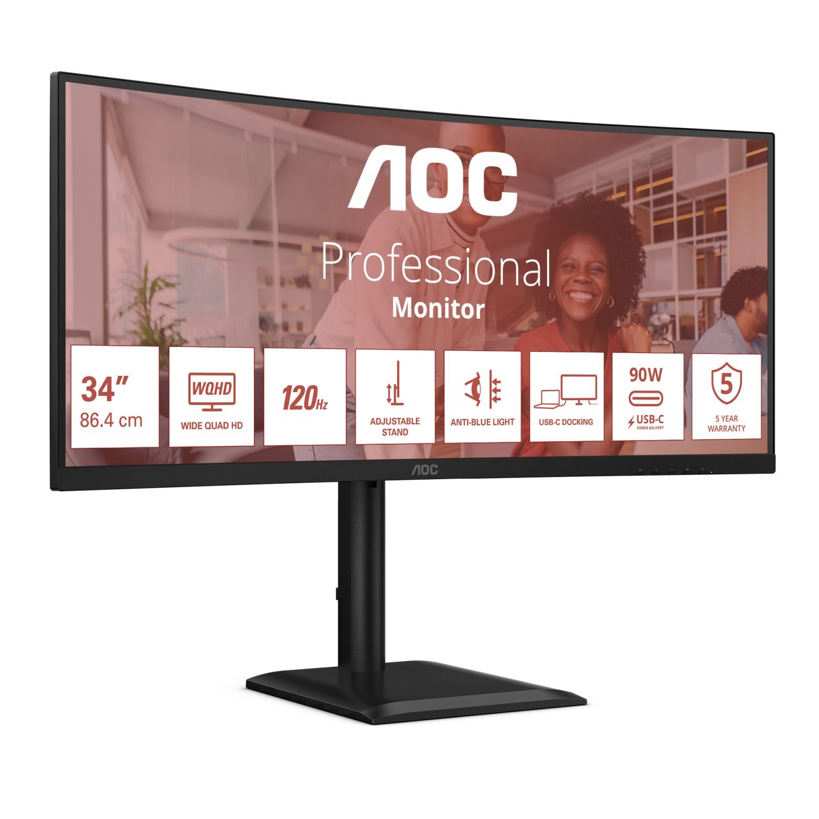 AOC 86,0cm (34) CU34E4CV 21:09 2xHDMI+DP+USB-C Curved blk TFT-Monitor (3440 x 1440 px, UltraWide Quad HD, 4 ms Reaktionszeit, 120 Hz, VA, Curved, Lautsprecher, HDCP, HDR, Kopfhörerbuchse, Höhenverstellbar)