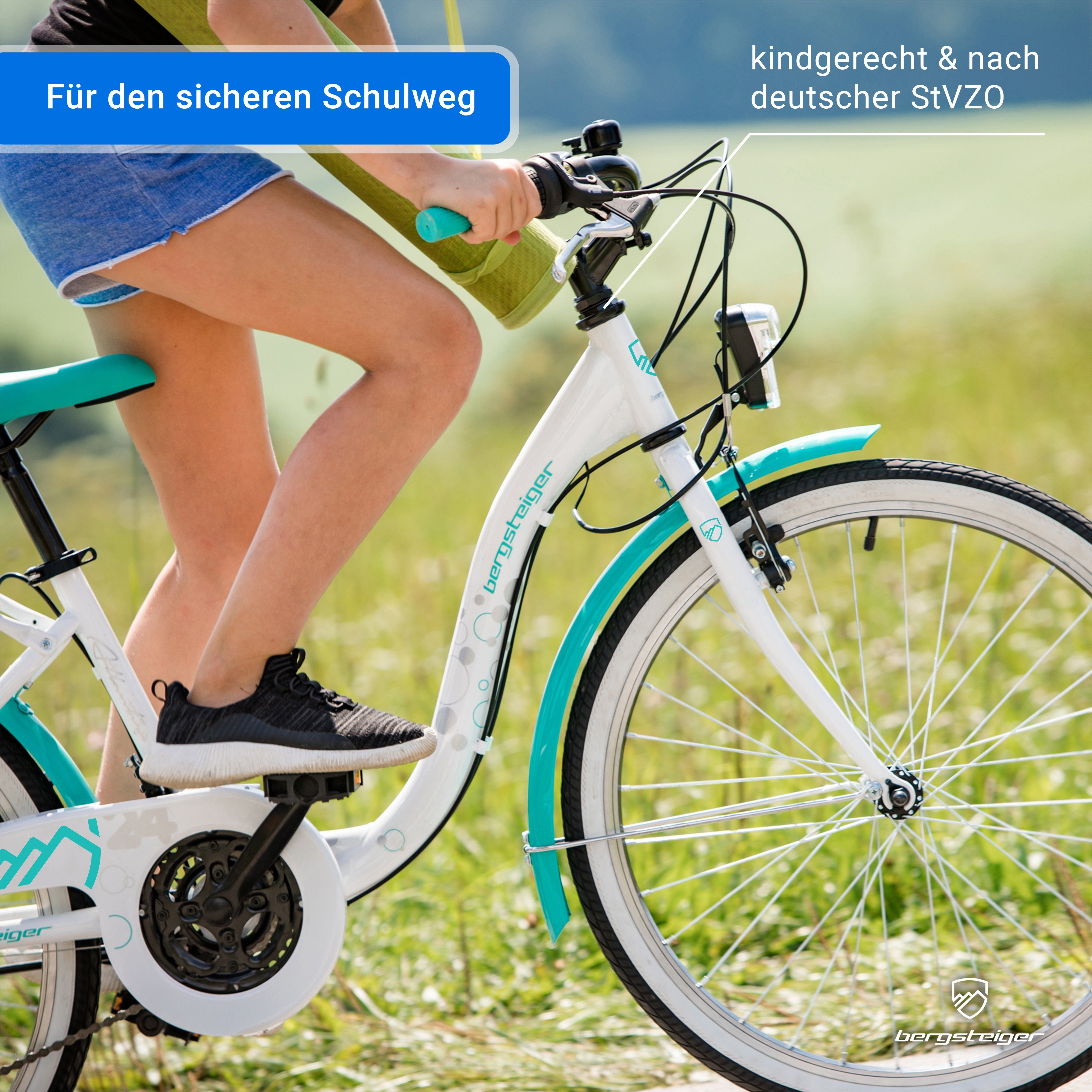 bergsteiger Kinderfahrrad Atlantis 20, 24 Zoll Mädchenfahrrad, 6 - 11 Jahre, StVZO, 18 Gang Shimano Tourney RD-TY300 Schaltwerk, Kettenschaltung, V-Bremse
