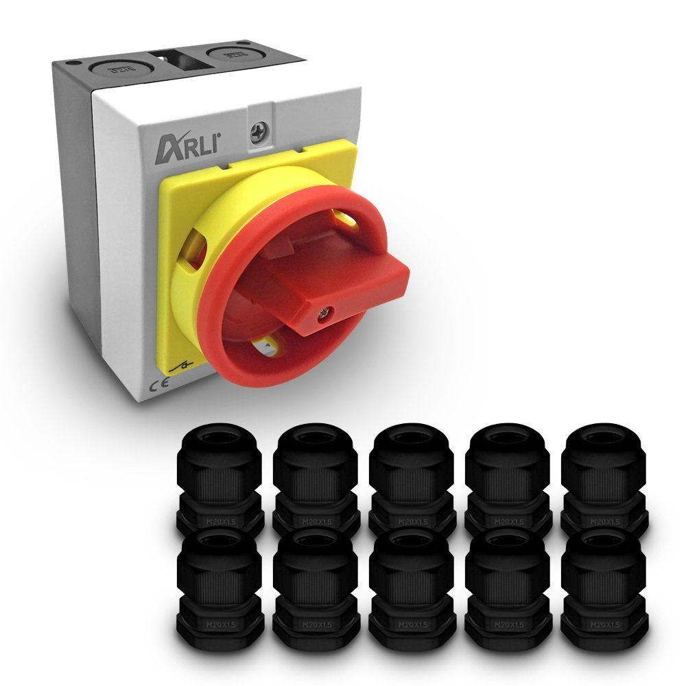 ARLI Schalter ARLI Hauptschalter 4-polig Drehschalter + 10xKabelverschraubungen M20