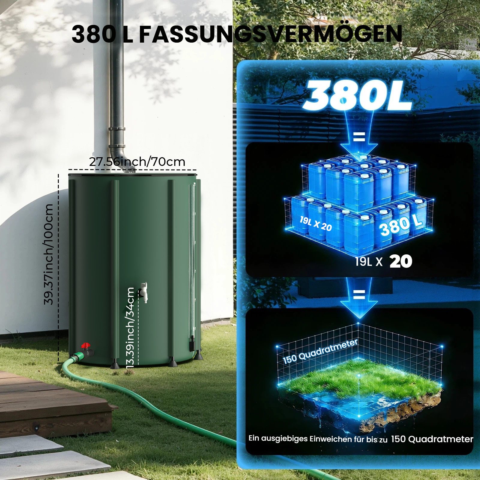 NACATIN Regentonne Faltbare Regenwassertonne 380L, Regenwassertank, Ø 70 x 100 cm, 380 l, (1-tlg), Regenwassersammler mit Deckel, Hahn & Überlaufschutz, wetterfest