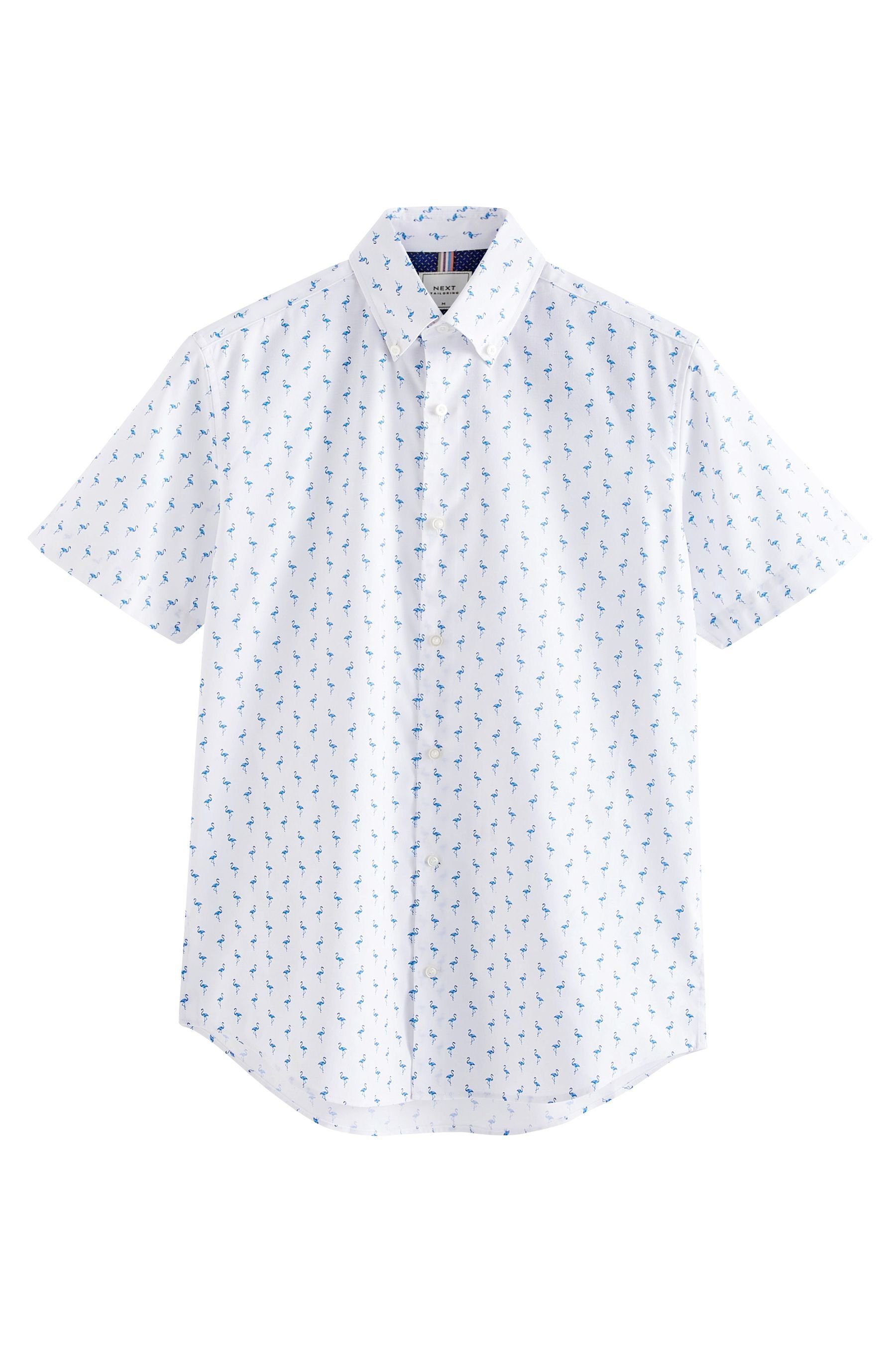 Regular (1-tlg) Print Next Flamingo Kurzarm-Oxfordhemd Kurzarmhemd Blue Bügelleichtes Fit