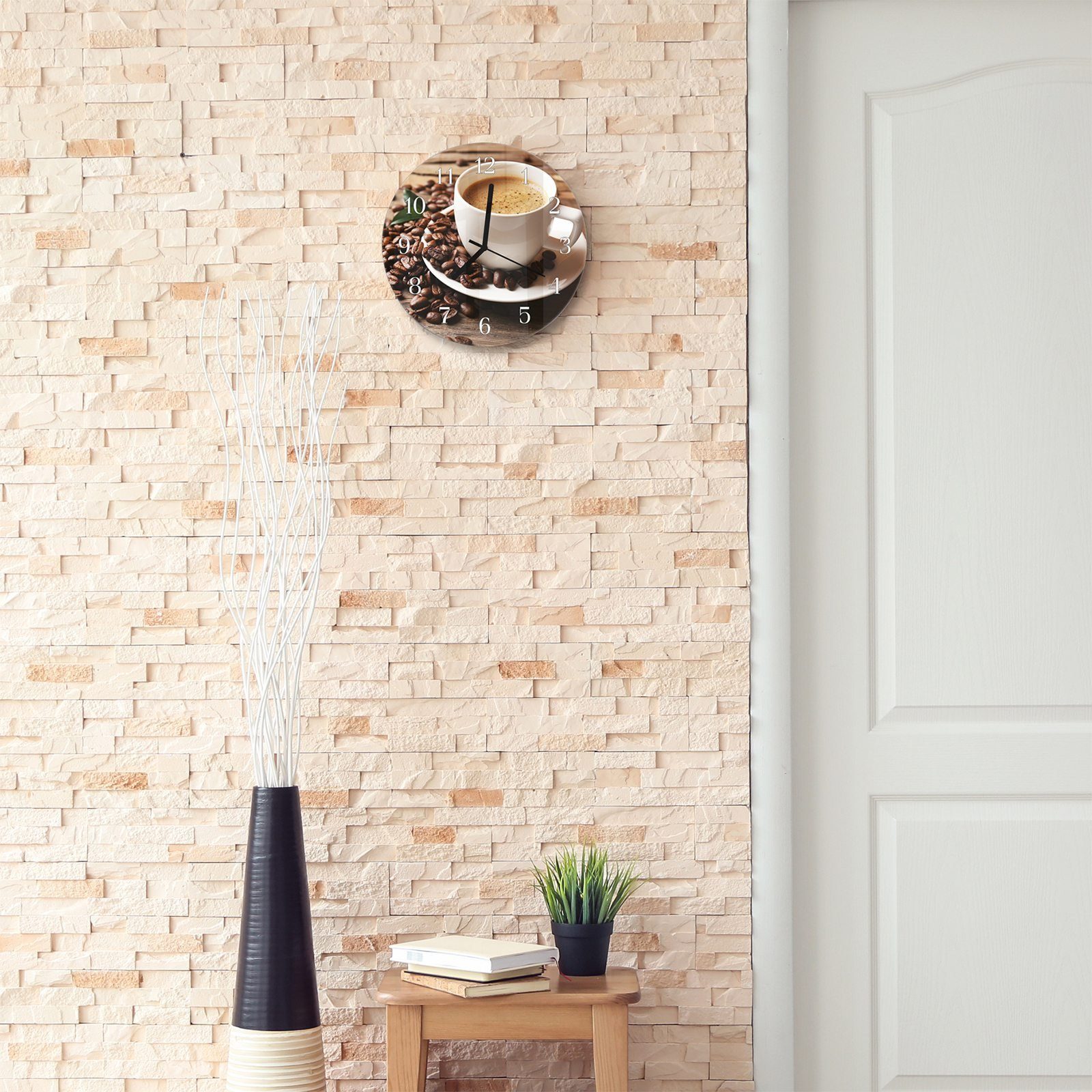 Glas Kaffeetasse Rund Wanduhr mit Quarzuhrwerk aus Wanduhr Holztisch 30 Primedeco und mit auf - Durchmesser cm Motiv