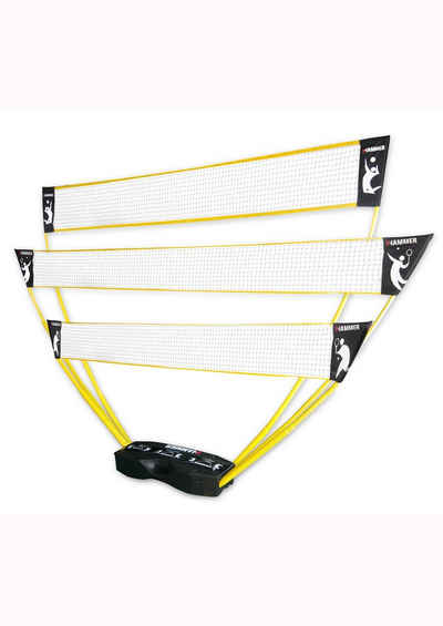 Hammer Tennisnetz (Tragekoffer, Netze, Teleskop Netzpfosten, Bodenanker), 3in1 Netz-Set für Badminton, Tennis und Volleyball