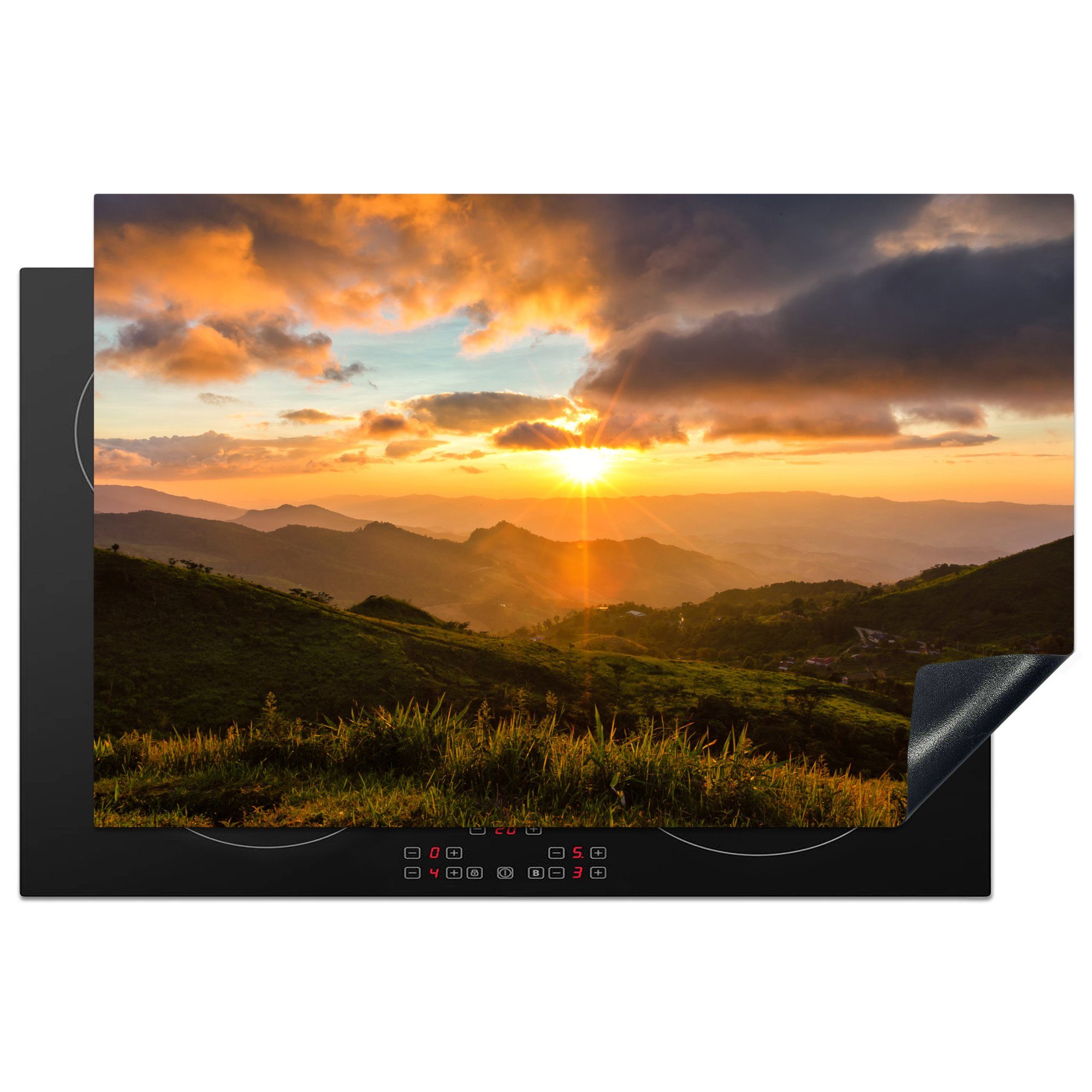 MuchoWow Herdblende-/Abdeckplatte Sonnenuntergang über einer Berglandschaft mit Wolken, Vinyl, (1 tlg), 81x52 cm, Induktionskochfeld Schutz für die küche, Ceranfeldabdeckung