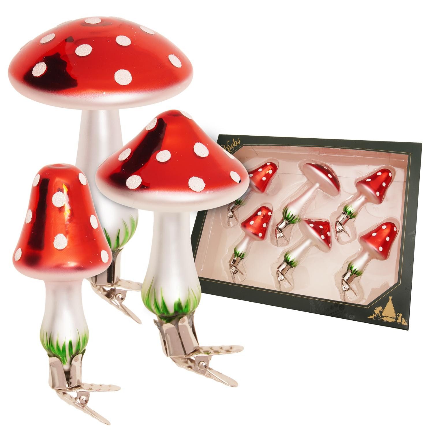 Krebs Glas Lauscha Weihnachtsbaumklammer 6er Set Glasdekoration - kleine und große Fliegenpilze - ca. 10 cm, Baumschmuck für besonderen Waldflair und festliche Fröhlichkeit