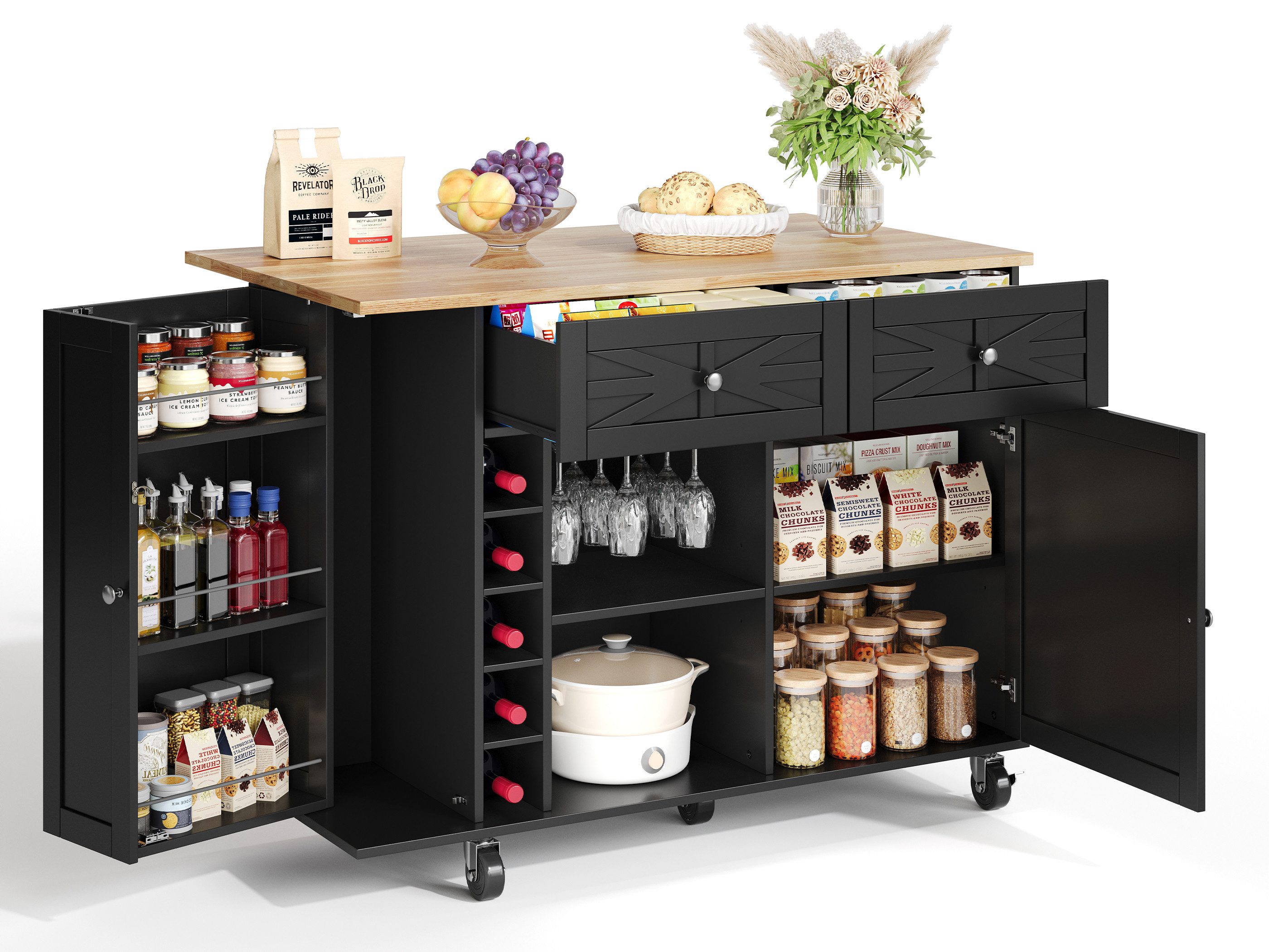 SeedWave Kücheninsel Küchenwagen mit 120cm Klappbarer Tischplatte, Glashalter & Weinregal, Versteckbare Regalen, 2 höhenverstellbaren Böden