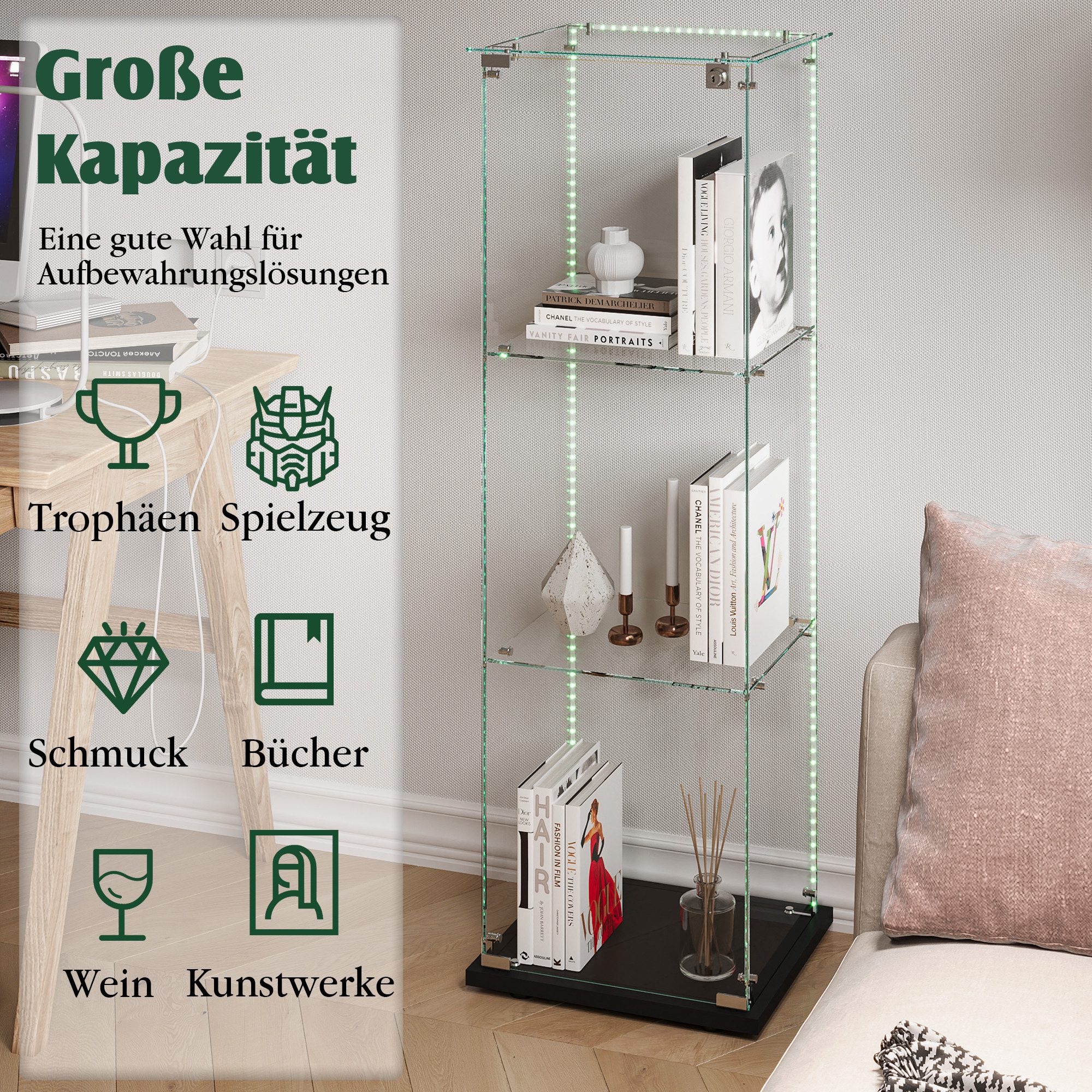 Simurq Glasvitrine Standvitrinen mit LED Beleuchtung, 3 Lagen Vitrinenschrank mit Glastür (1-St, Glas Vitrine mit 1 Glastür und 3 Lagen, Glasschrank mit Schloss – Bild 3 von 5