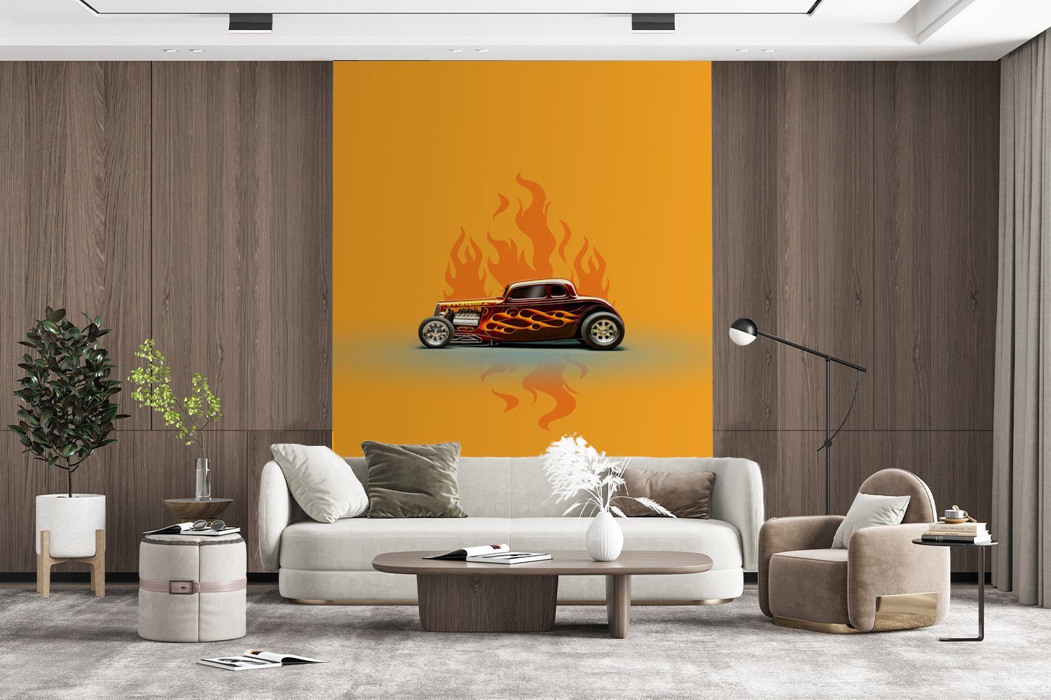 Auto bedruckt, Wohnzimmer, (4 Fototapete Rot Wandtapete Montagefertig - Vinyl Tapete MuchoWow Flammen für Vintage, Matt, St), - -