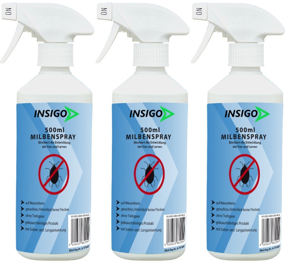 1.5 Milben-Spray Insektenspray Anti auf INSIGO Ungezieferspray, Milben-Mittel l, Langzeitwirkung geruchsarm, brennt ätzt / nicht, mit Wasserbasis,
