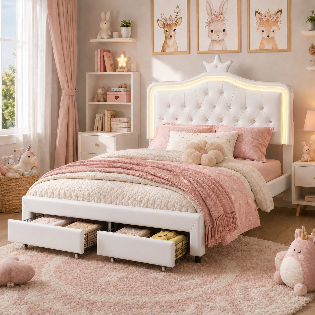 Simurq Kinderbett 140x200cm Polsterbett Für Mädchen Mit LED, Kronenform Und Schubladen (Set, Ohne Matratze), Prinzessinnenbett Gepolstertes Bett, PU, mit gepolstertem Kopfteil