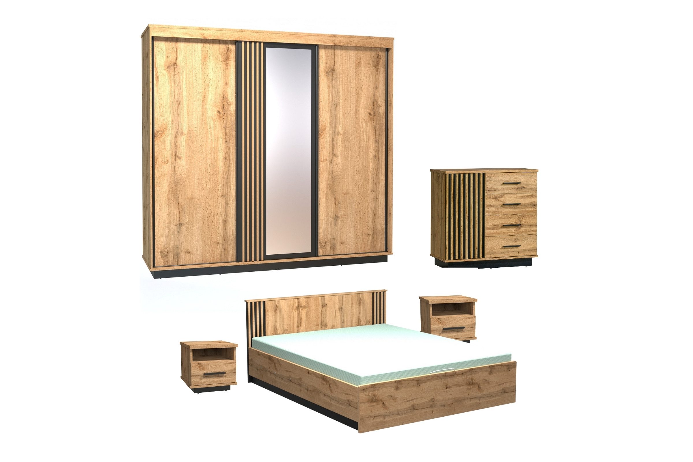 Deine Möbel 24 Schlafzimmer-Set LAMI E: Bett 160x200, Schwebetürenschrank, Kommode, 2 Nachttische, (Stil: Scandi, Industrial, 5-tlg., Pflegeleichte Oberflächen & hohe Stabilität für langlebige Nutzung), Farbe: Wotan Eiche / Schwarz Matt / Lamellen