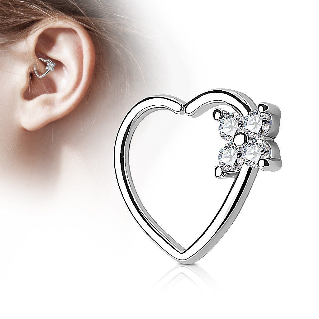 Ring Piercing - Ohrpiercing Helix Kleeblatt Taffstyle Clear Blume, Knorpel Ring Silber Kristall Continuous Piercing-Set Cartilage Tragus Strass Ohr Herz