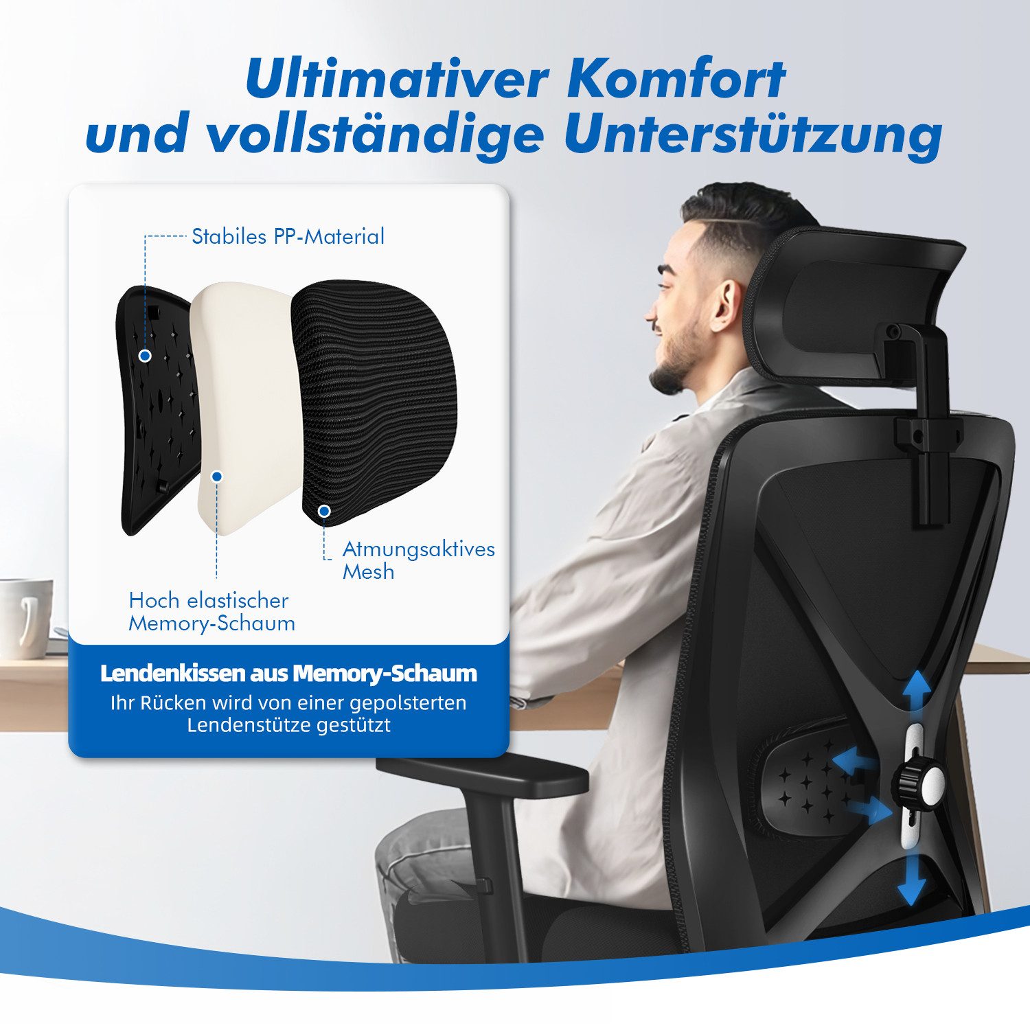 Hiazurm Bürostuhl Bürostuhl, Chefsessel, Ergonomischer Schreibtischstuhl, Computerstuhl (Verstellbare 5D gepolsterte Lendenwirbelstütze, Wippfunktion bis 135°,geräuscharmen Rollen, höhenverstellbar), Atmungsaktiver Netzbezug,Bis 200 kg