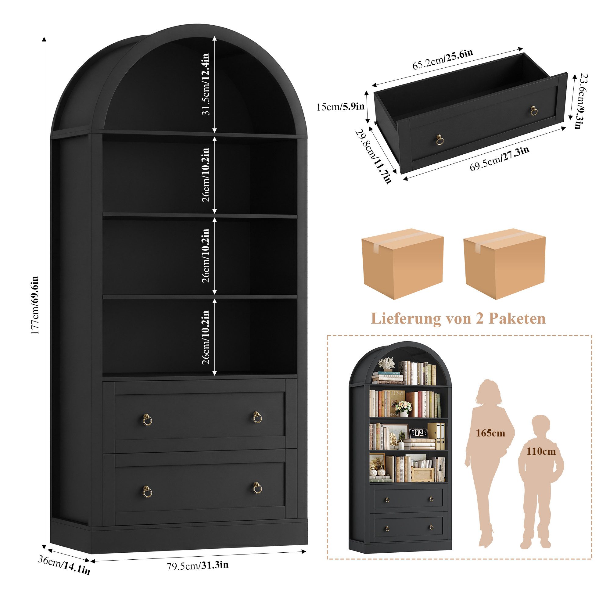 Homfa Bücherregal gewölbter Bücherschrank mit 2 Schubladen, Standregal mit 8 offenen Fächern Büroregal Holz 177x79,5x36cm