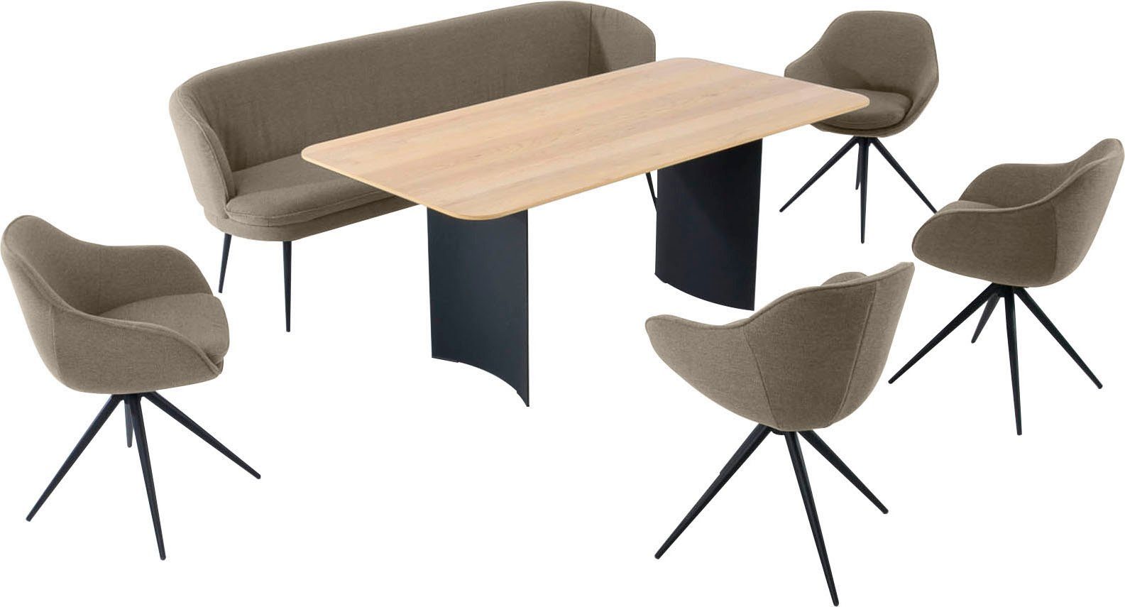 K+W Komfort & Wohnen Essgruppe 4 Tisch und ZOOM, Essgruppe mit Sesseln abgerundete Solobank, 1