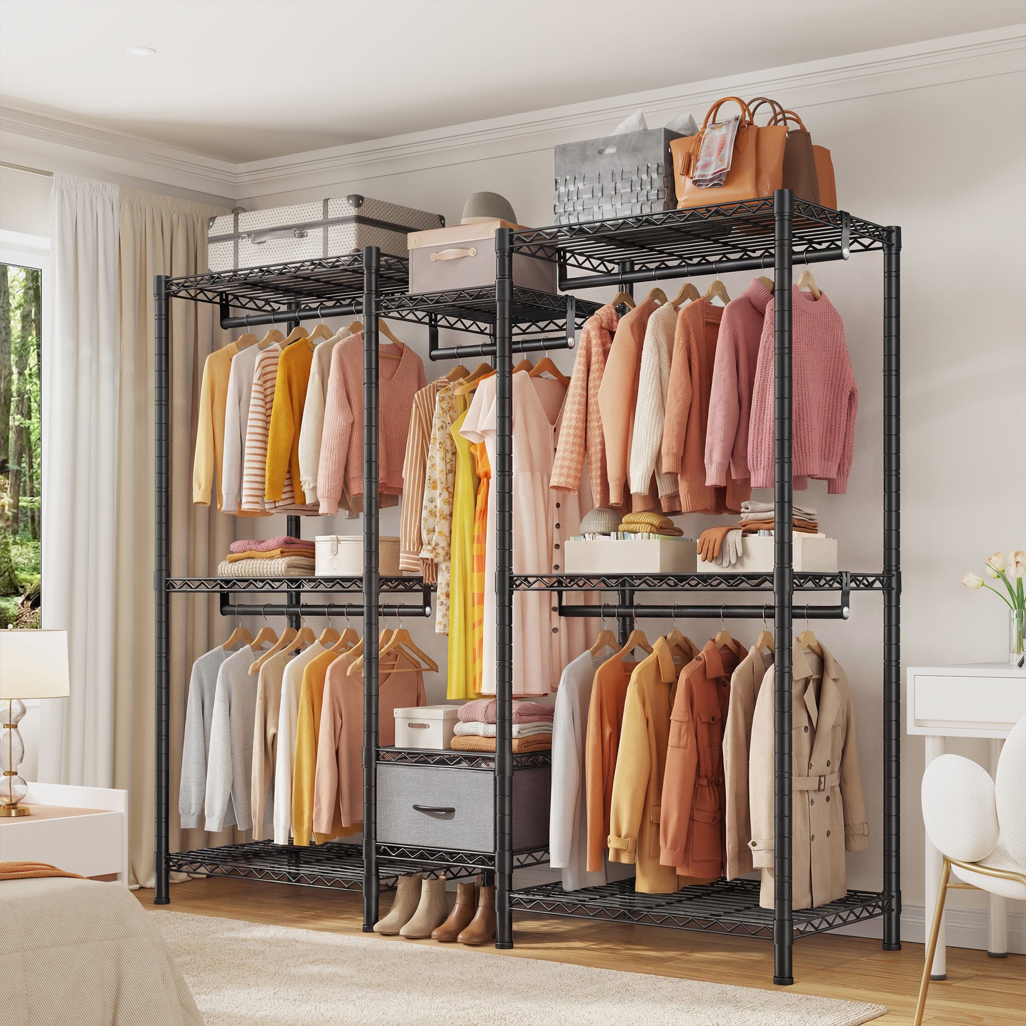 Klyvvo Kleiderständer Offener Kleiderschrank, Garderobenständer aus Metall, (1 St), mit 8 Höhenverstellbaren Regalböden, 5 Kleiderstangen & 1 Schublade