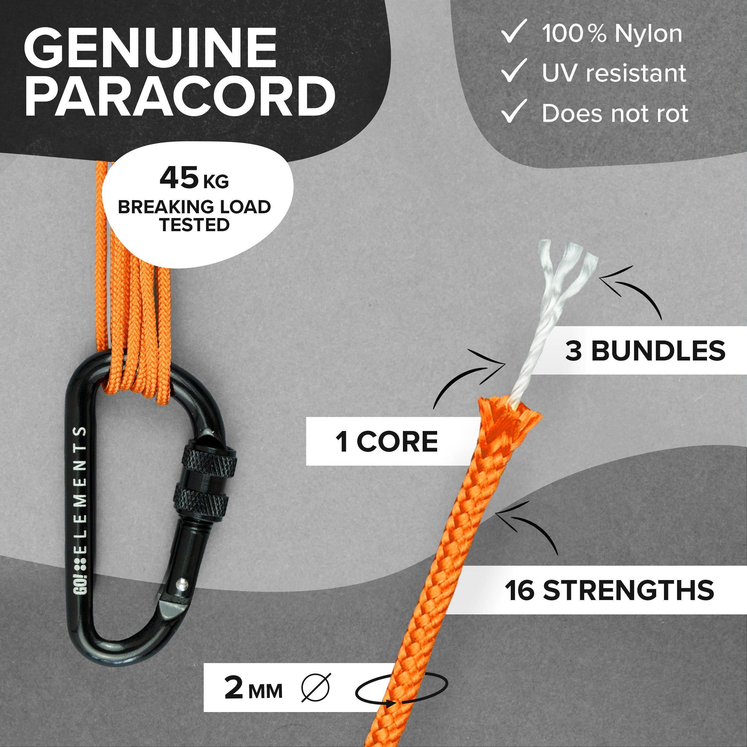 GO!elements Seil Paracord 100 - 2mm, Paracord 100 aus reißfester Nylonschnur