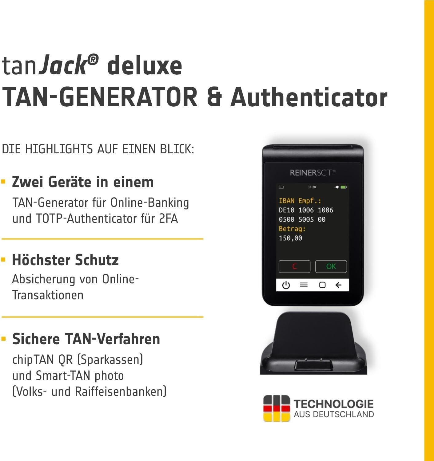 REINER SCT HBCI-Chipkartenleser tanJack deluxe, Premium TAN-Generator für Online-Banking, chipTAN QR & Smart-TAN photo