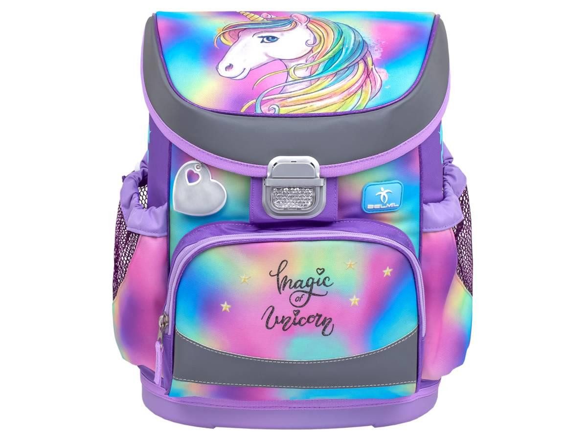 Belmil Schulranzen "Mini-Fit" 2026 für kleine Kinder 1. Klasse (Set, 4-tlg., mit Sportbeutel, Federtasche, Schlamper, Brustgurt), Einhorn mit Regenbogenmähne, Einschulung, Grundschule, für Mädchen