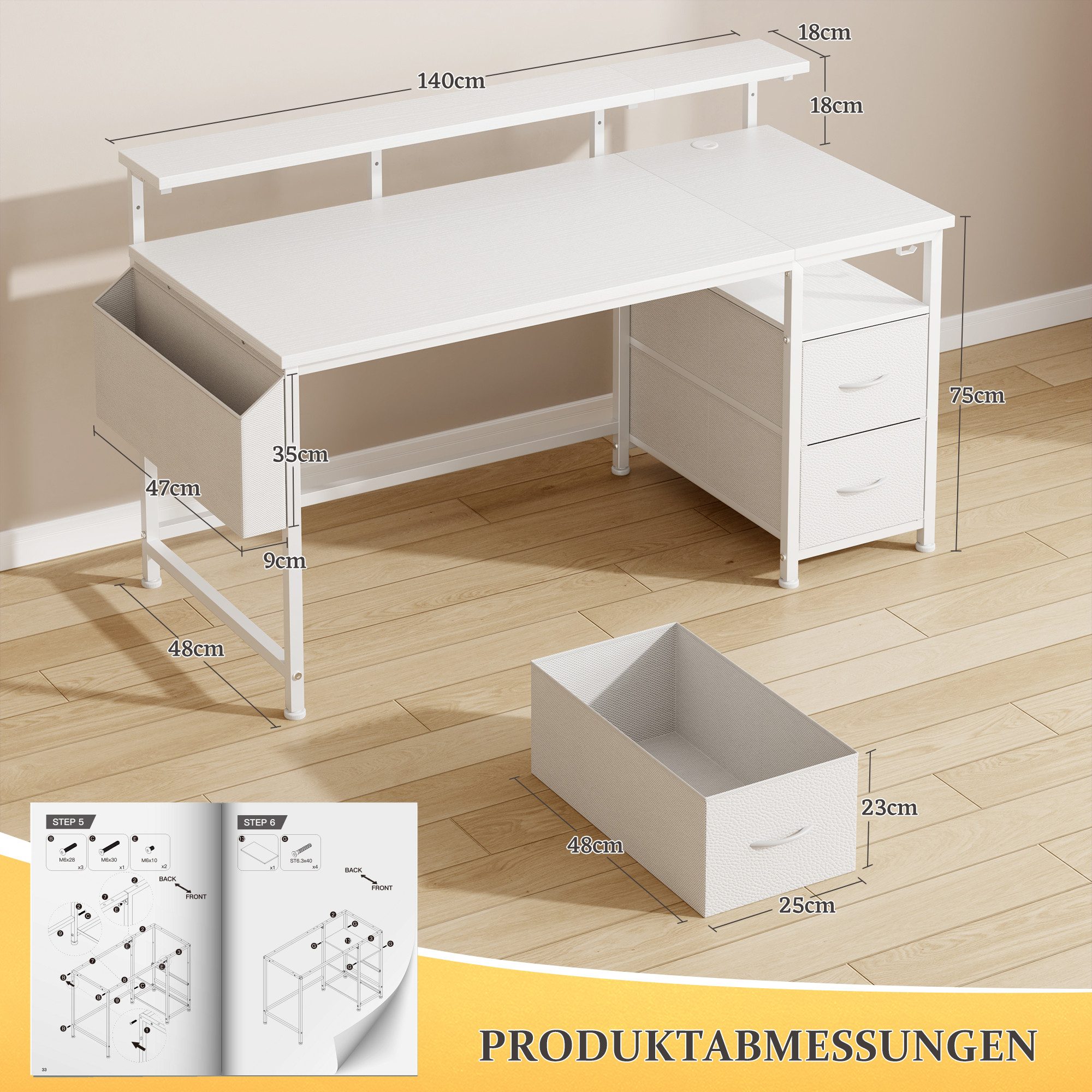 Klyvvo Eckschreibtisch Computertisch, Schreibtisch mit 2 Schubladen Bieten Stauraum (1-St., mit Monitorständer, 2 Ablagehaken), Kompakte Maße Passen Gut in Studierende, Home-Office-Arbeiter