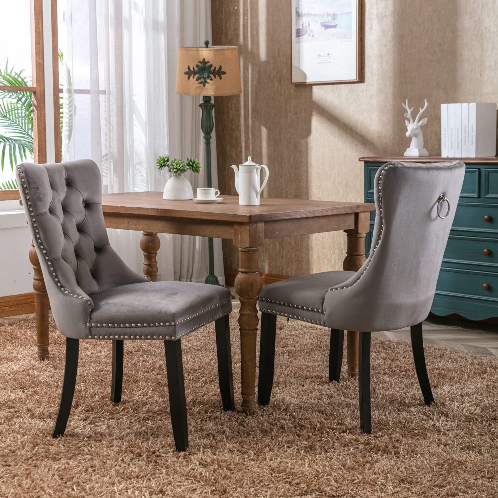 BBG Esszimmerstuhl 2er Set Esszimmerstühle Samt Chesterfield, bis 130 kg, French Style (Polsterstühle mit Knopfheftung & Ziernieten, Massivholz Rubberwood, 2 St), Hochlehner Dining Stuhl gepolstert
