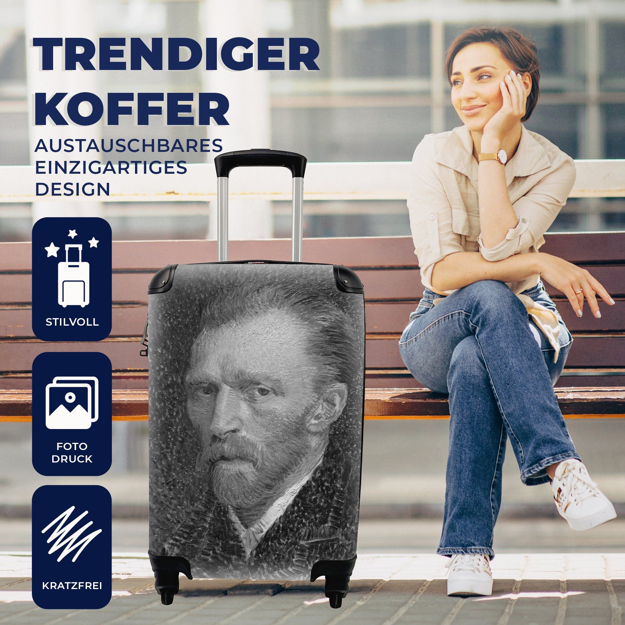 Rollen, Gogh und 4 rollen, für Reisetasche Handgepäckkoffer van Reisekoffer Trolley, von Schwarz MuchoWow Handgepäck Vincent Selbstporträt Ferien, mit weiß, -
