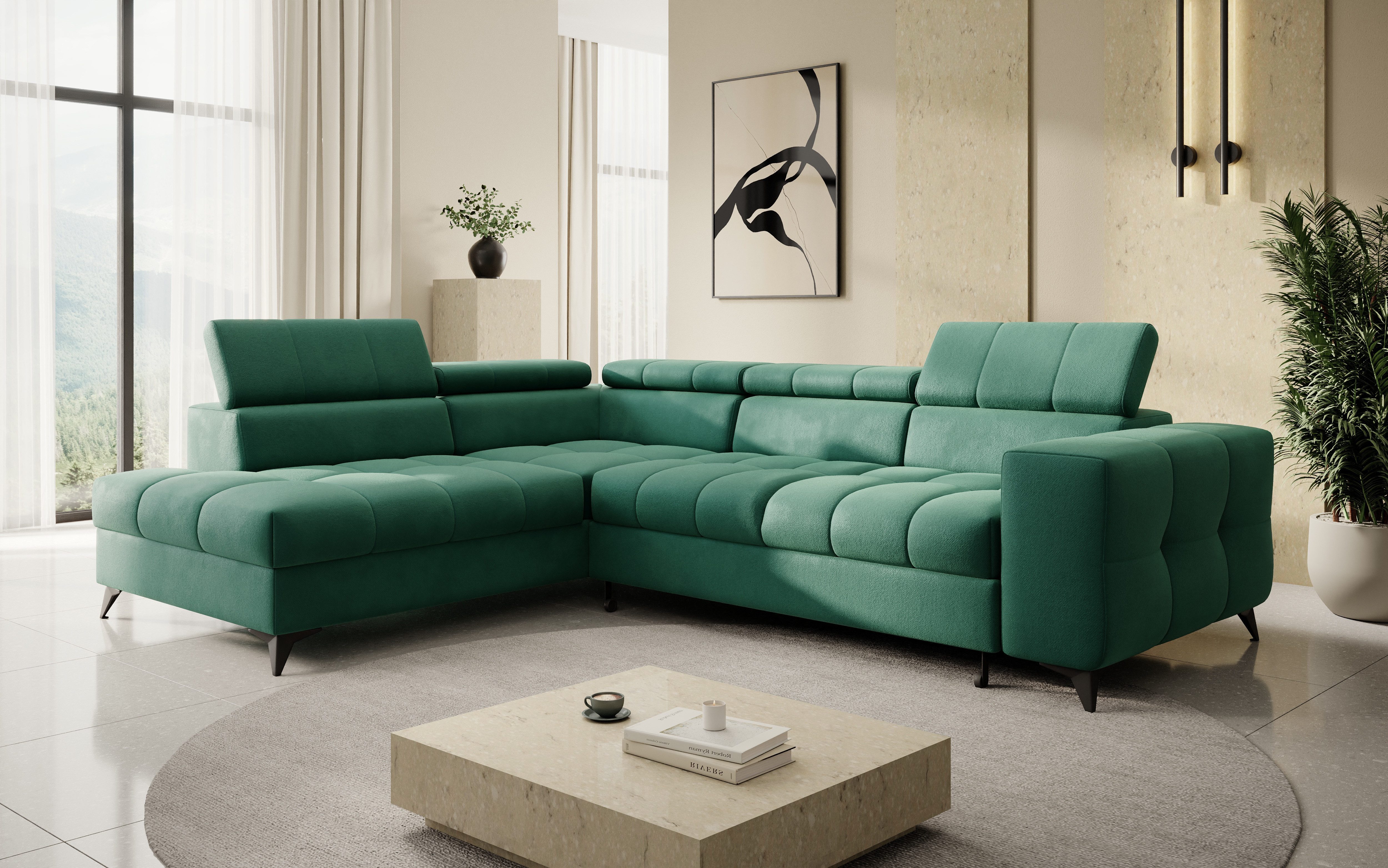thematys Ecksofa SORANO mit Schlaffunktion & Bettkasten – L-Form, Bouclé und Velours, - mit verstellbaren Kopfstützen, – L-Form 270×203 cm – Schlafsofa mit Auszug, – L-Form 270×203 cm – Schlafsofa mit Auszug