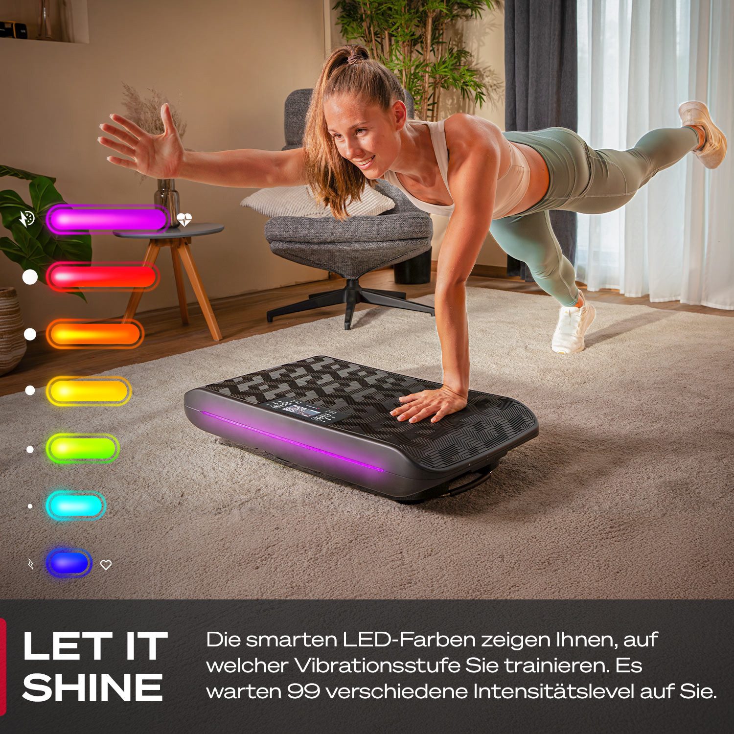 Sportstech Vibrationsplatte sVibe, 99 Intensitätsstufen, 7 LED-Farben, Mit Transportrollen