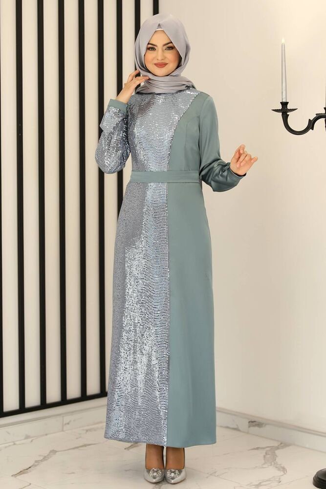 Pailletten, Minze Abendkleid Damen Modest Hijabmode silbernes Fashion Modavitrini Kleid Abiye Silber Paillettenkleid