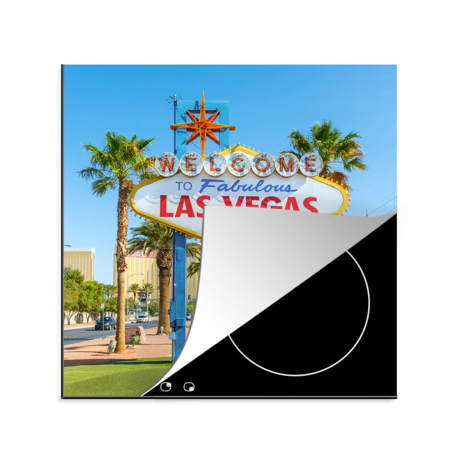 MuchoWow Herdblende-/Abdeckplatte Willkommensschild in Las Vegas bei Tageslicht - Vereinigte Staaten, Vinyl, (1 tlg), 78x78 cm, Ceranfeldabdeckung, Arbeitsplatte für küche