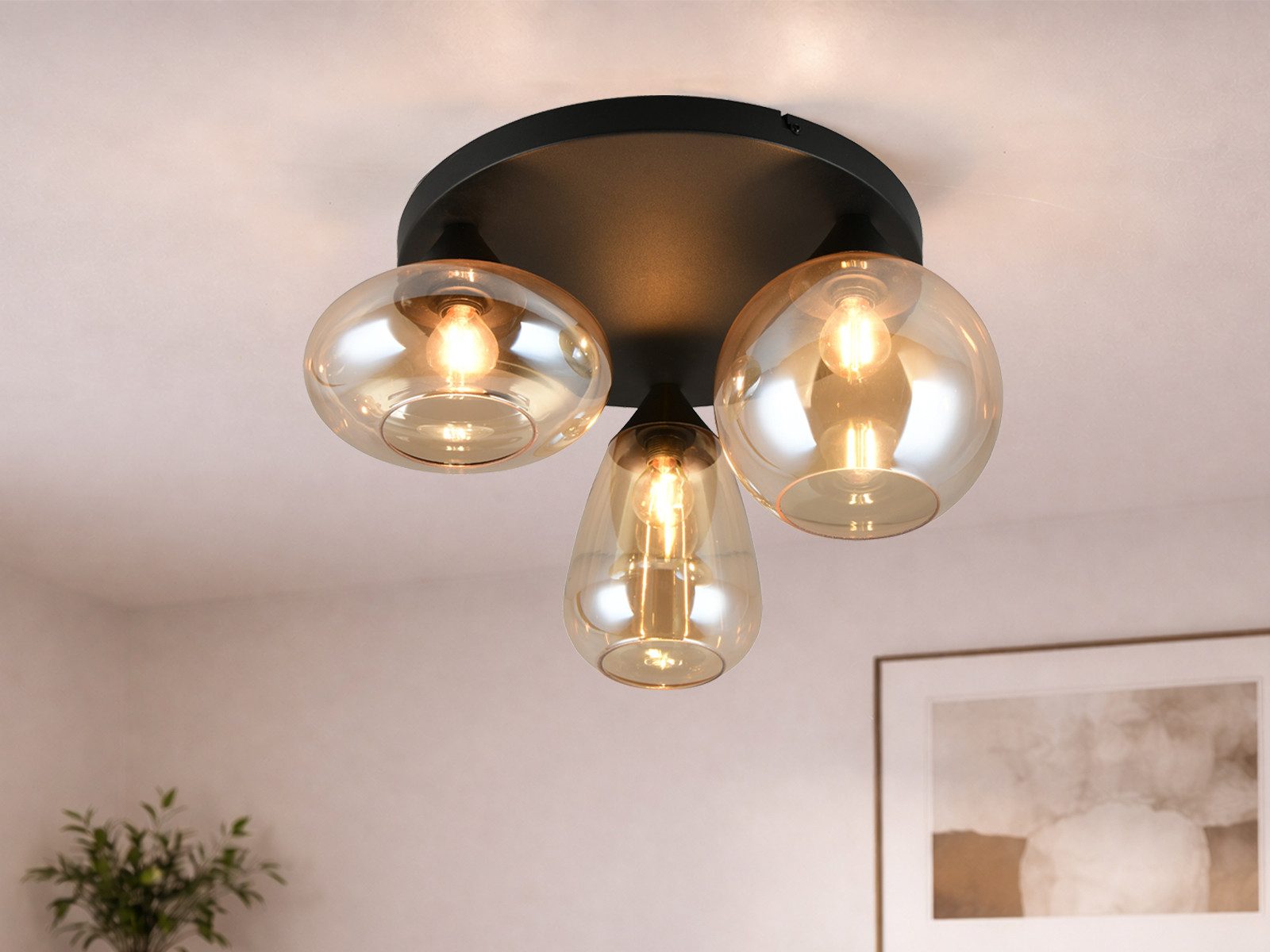 TRIO Leuchten LED Deckenleuchte mit 3 verschiedenen Glas-Kugeln Ø 48,5cm, Dimmfunktion, LED wechselbar, Warmweiß, ausgefallene Deckenlampe für Wohnzimmer inkl. dimmbaren Leuchtmitteln