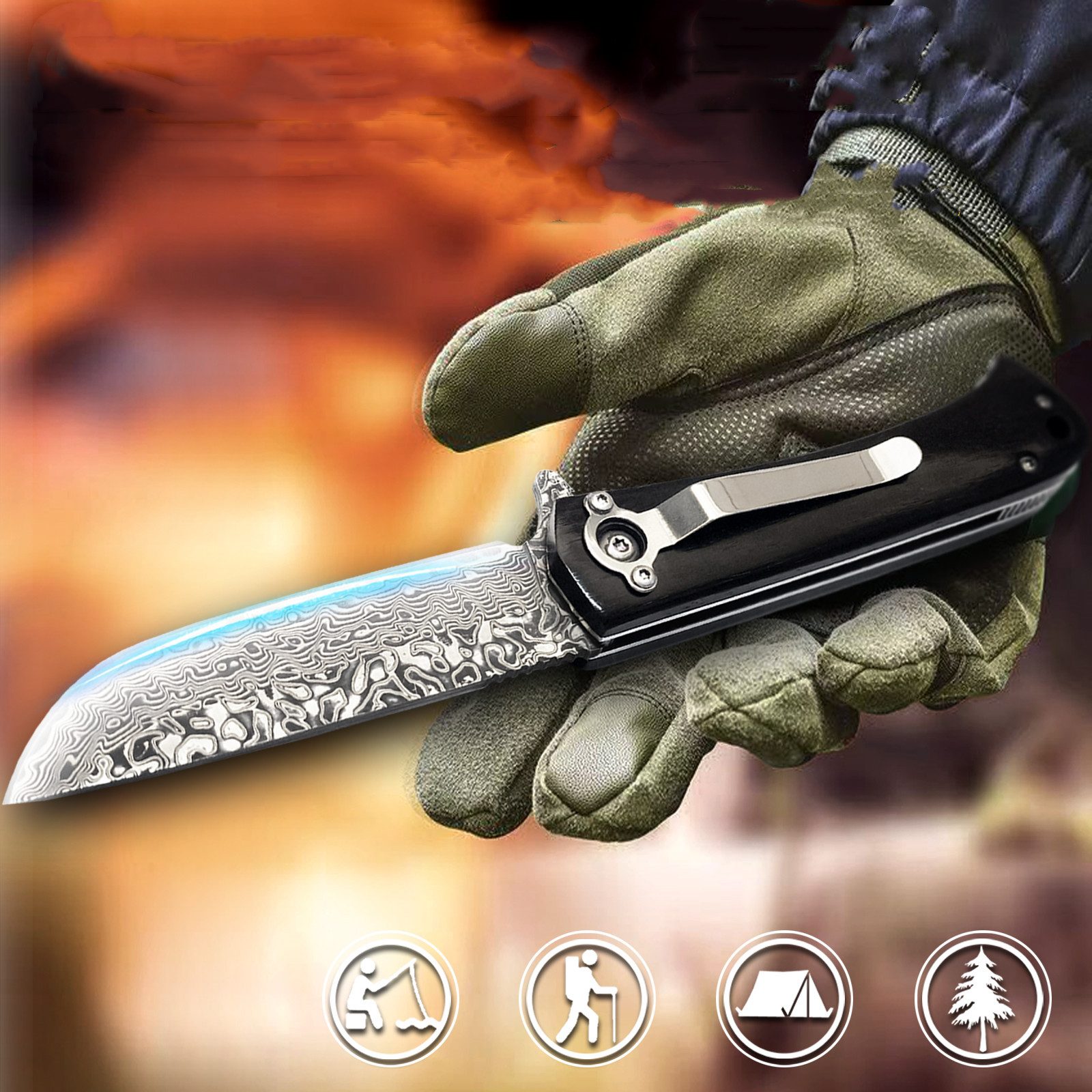 KingLux Damastmesser Damast Taschenmesser Klappmesser Einhandmesser mit Messerscheide – Bild 5 von 5