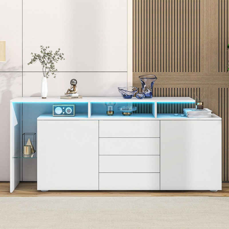 Merax Sideboard mit 4 Schubladen und 2 Türen, Kommode Hochganlz mit LED und Glasboden, Wohnzimmerschrank, Buffet