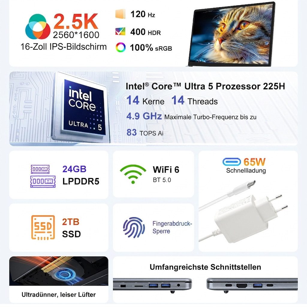 Ninkear 16" IPS AI Laptop,Intel Core Ultra 5 225U,24 GB DDR5 RAM,2 TB SSD Business-Notebook (lntel Intel® Core™ Ultra 5 225H Intel Core Ultra 5 225U, Intel® Arc™ 130T GPU, 24 GB, 2024 GB SSD, Fingerprint, QWERTY-Tastatur Layout, Windows 11)