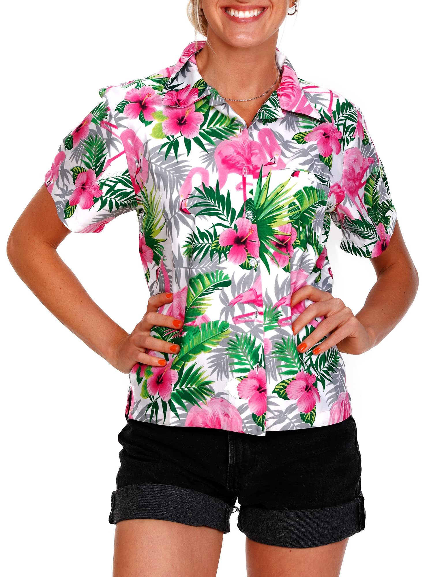 King Kameha Hawaiihemd Flamingo Flowers Funky Hawaiibluse Damen Kurzarm Front-Tasche Stylish