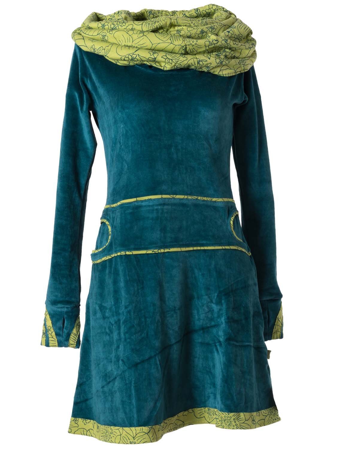 Vishes Midikleid Samtkleid warm mit großem Kapuzenkragen Ethno, Hippie, Goa, Elfen Style