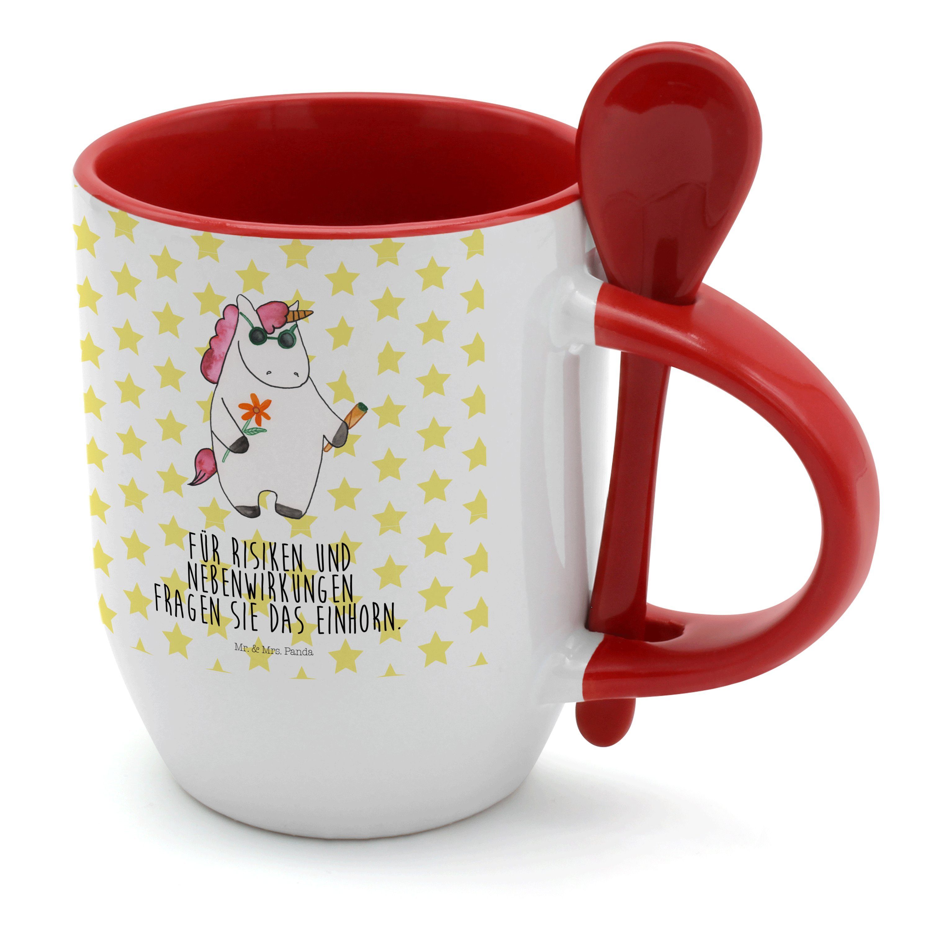 Mr. & Mrs. Panda Tasse Einhorn Woodstock - Weiß - Geschenk, Tasse mit Löffel, Kaffeebecher, Keramik