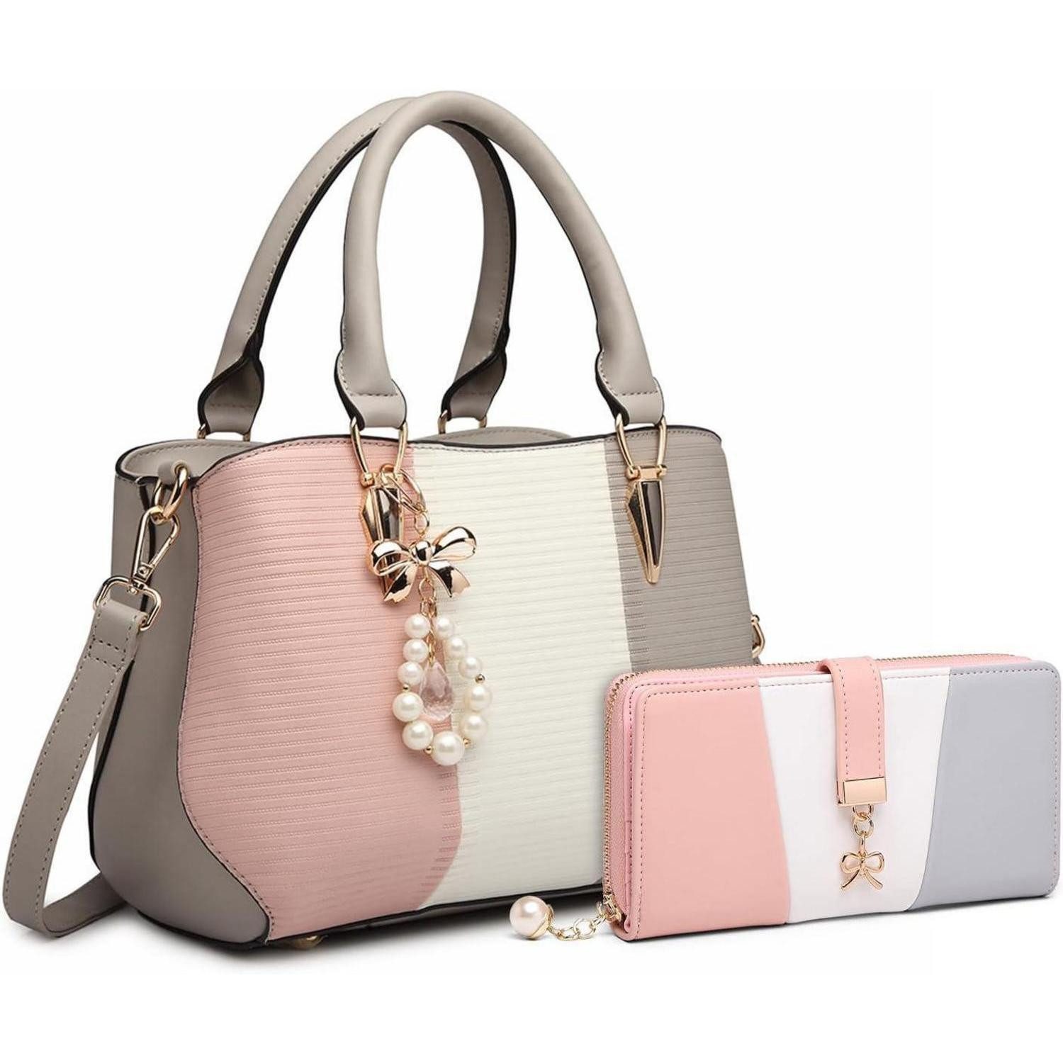 LuxusKollektion Handtasche Handtasche Damen Mittelgroß Henkeltasche Grau Geldbörsen-set