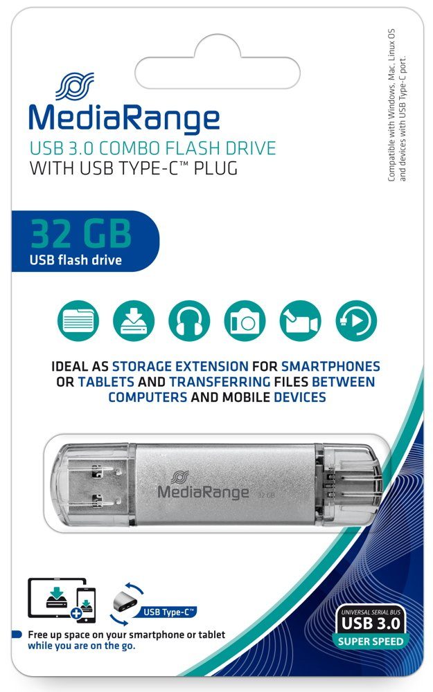 Mediarange Mediarange USB Stick 32GB Speicherstick Combo silber Typ C USB 3.0 USB-Stick
