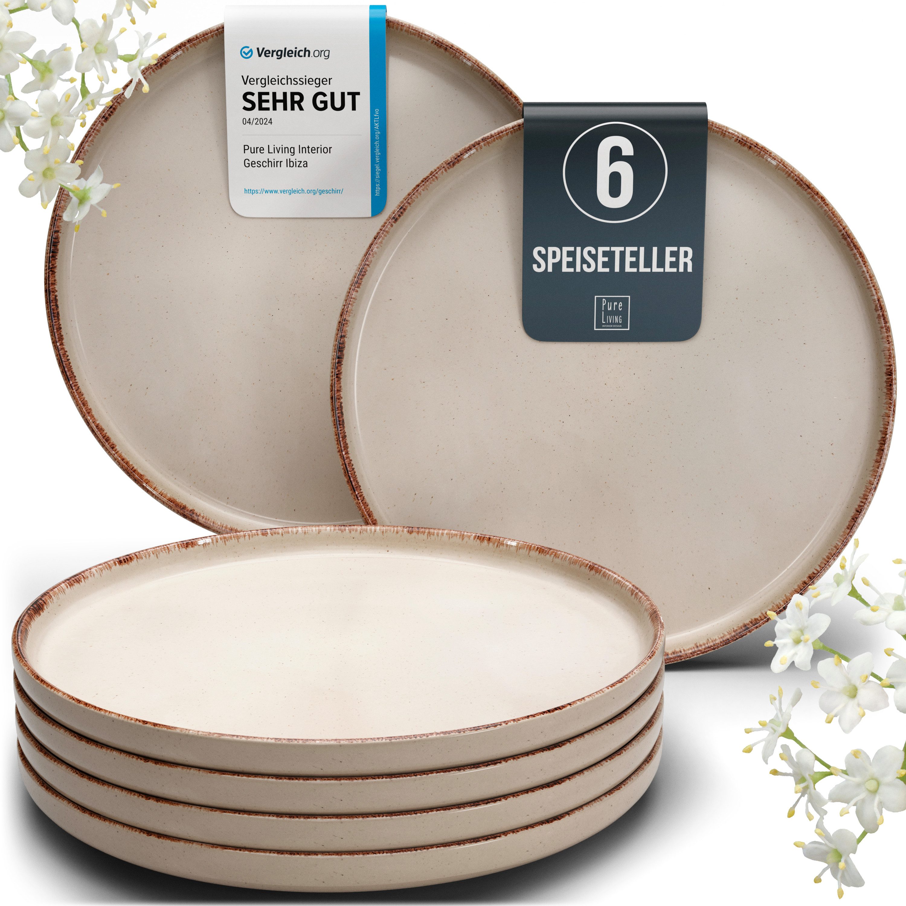 PURE LIVING INTERIOR DESIGN Geschirr-Set Rustic Speisseteller, Dinnerteller, 6er-Set, 26 cm, Beige (6-tlg), 6 Personen, Steingut