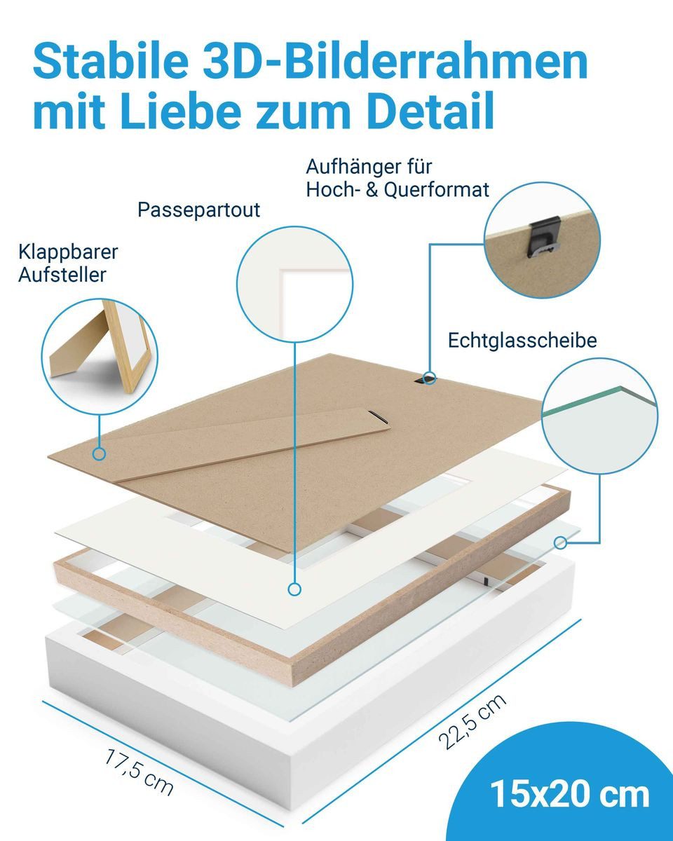 PHOTOLINI Bilderrahmen 2er Set 3D-Objektrahmen zum Befüllen mit Passepartout und Glasscheibe, für 2 Bilder (2er Set), Rahmen 15x20 cm für Objekte bis 1,5 cm Tiefe zum Basteln & Verschenken