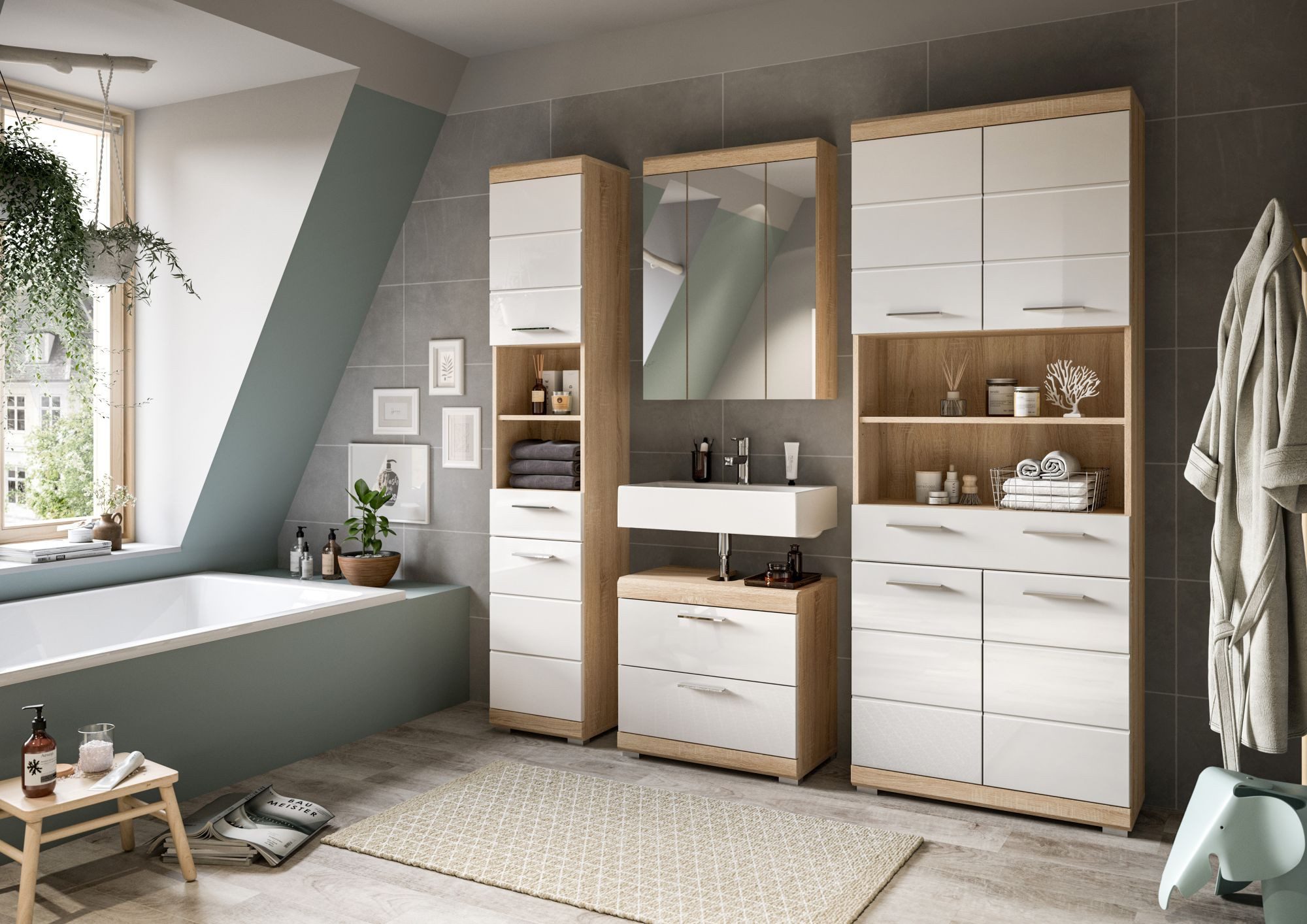 xonox.home Badmöbel-Set, (4tlg. Set inkl. Hochschrank, WBU, Spiegelschrank, Bad Midischrank), Sonoma Eiche Hell Weiß Hochglanz Melamin Modern 186x191x34 cm