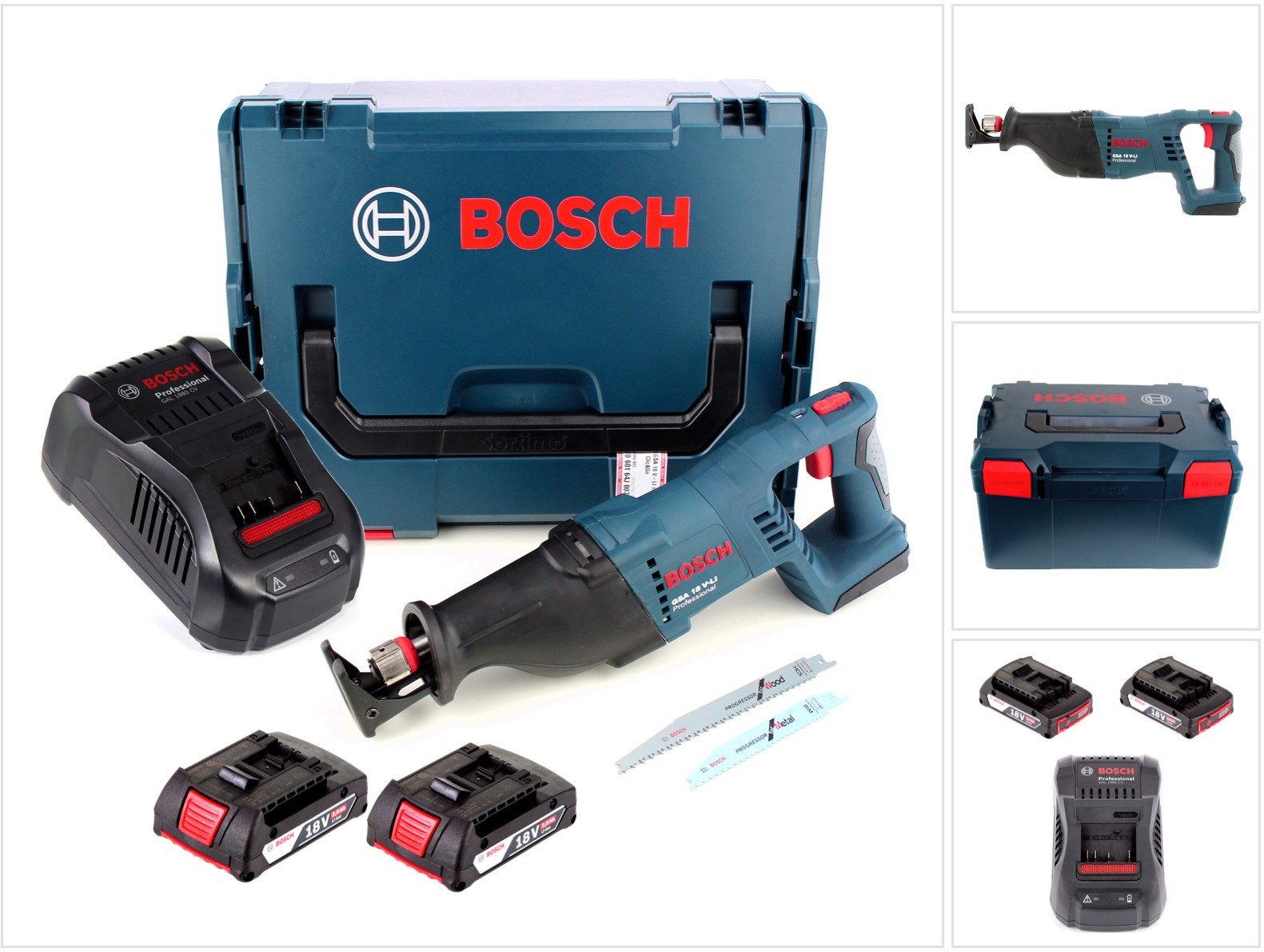 Bosch Professional Akku-Reciprosäge GSA 18 V-LI Akku Säbelsäge 18V + 2x Akku 2,0Ah + Ladegerät + L-Boxx