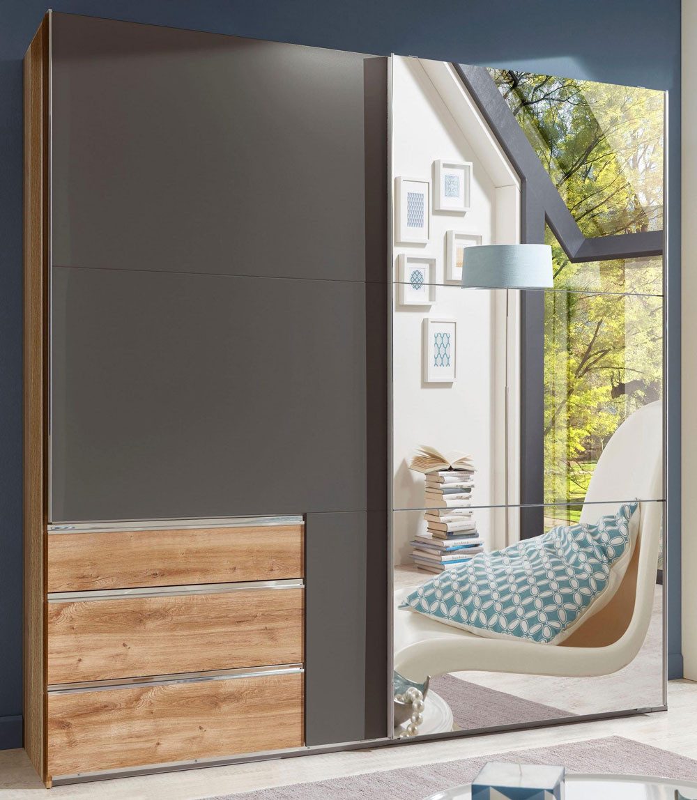 Wimex Schwebetürenschrank Level (mit Türen, mit Schubladen, mit Spiegel, 1-St., moderne Optik, mit Türen, mit Schubladen, mit Spiegel) 200x65x216cm 2-türig Plankeneiche / graphit Spiegel